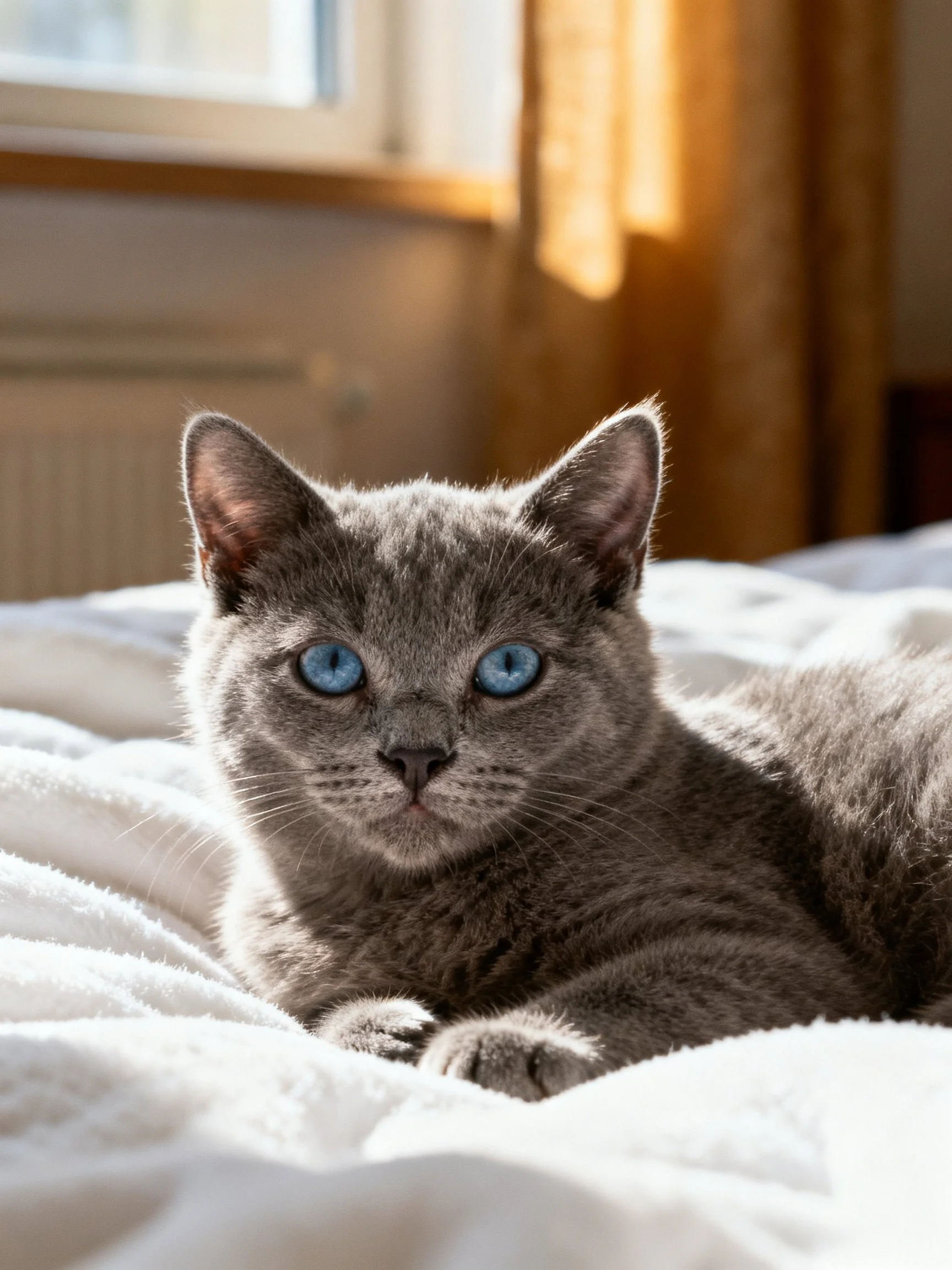 A gray cat with blue eyes rests comfortably on a white bed in asunlit room.