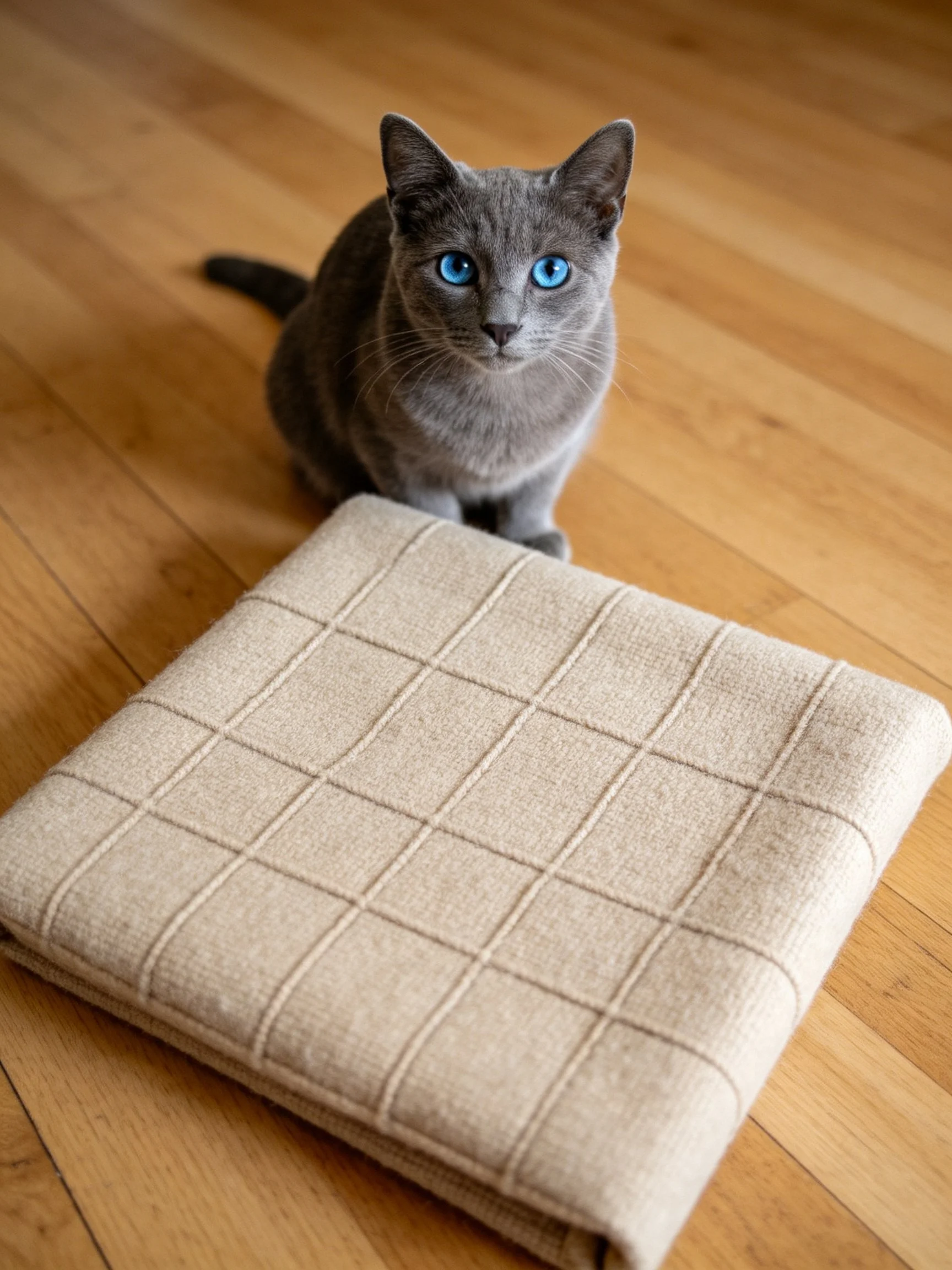 A gray cat with blue eyes sits near a folded beige fabric on a wooden floor.