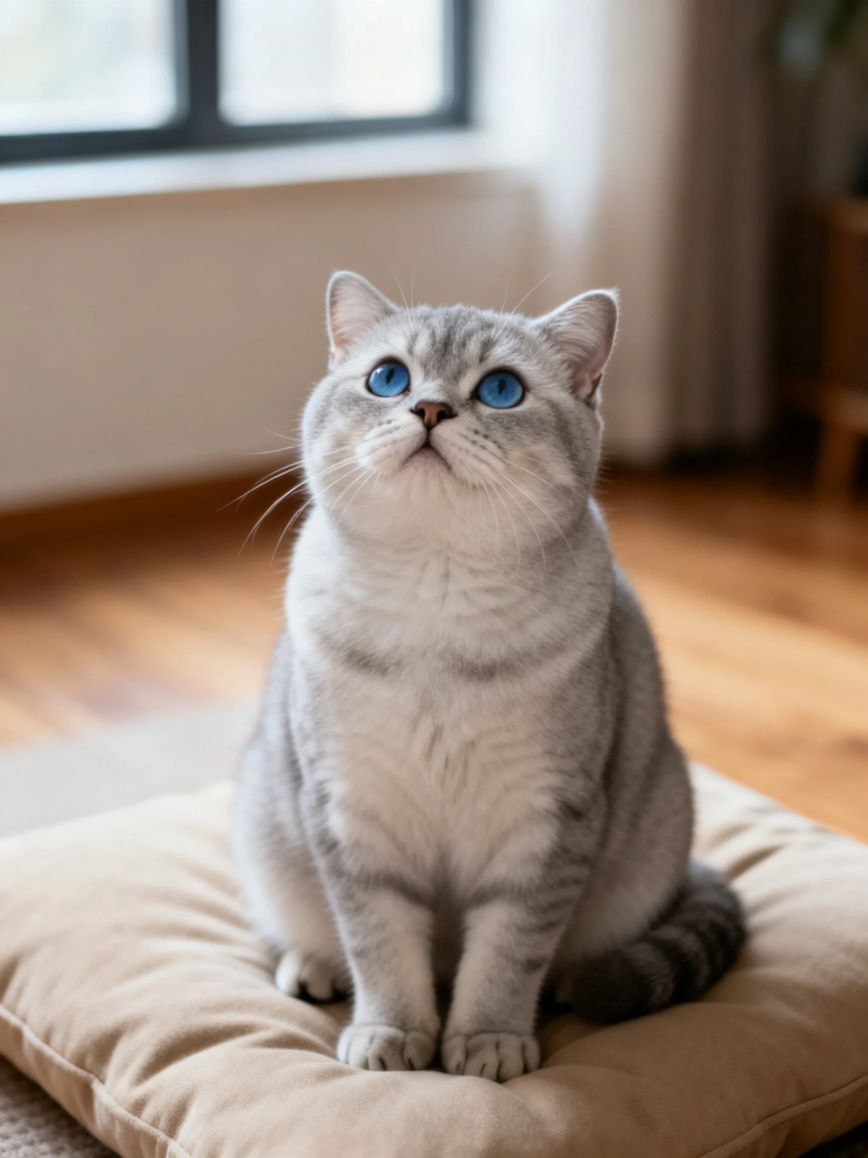 A gray cat with blue eyes sits calmly on a cushion in a well-lit room.