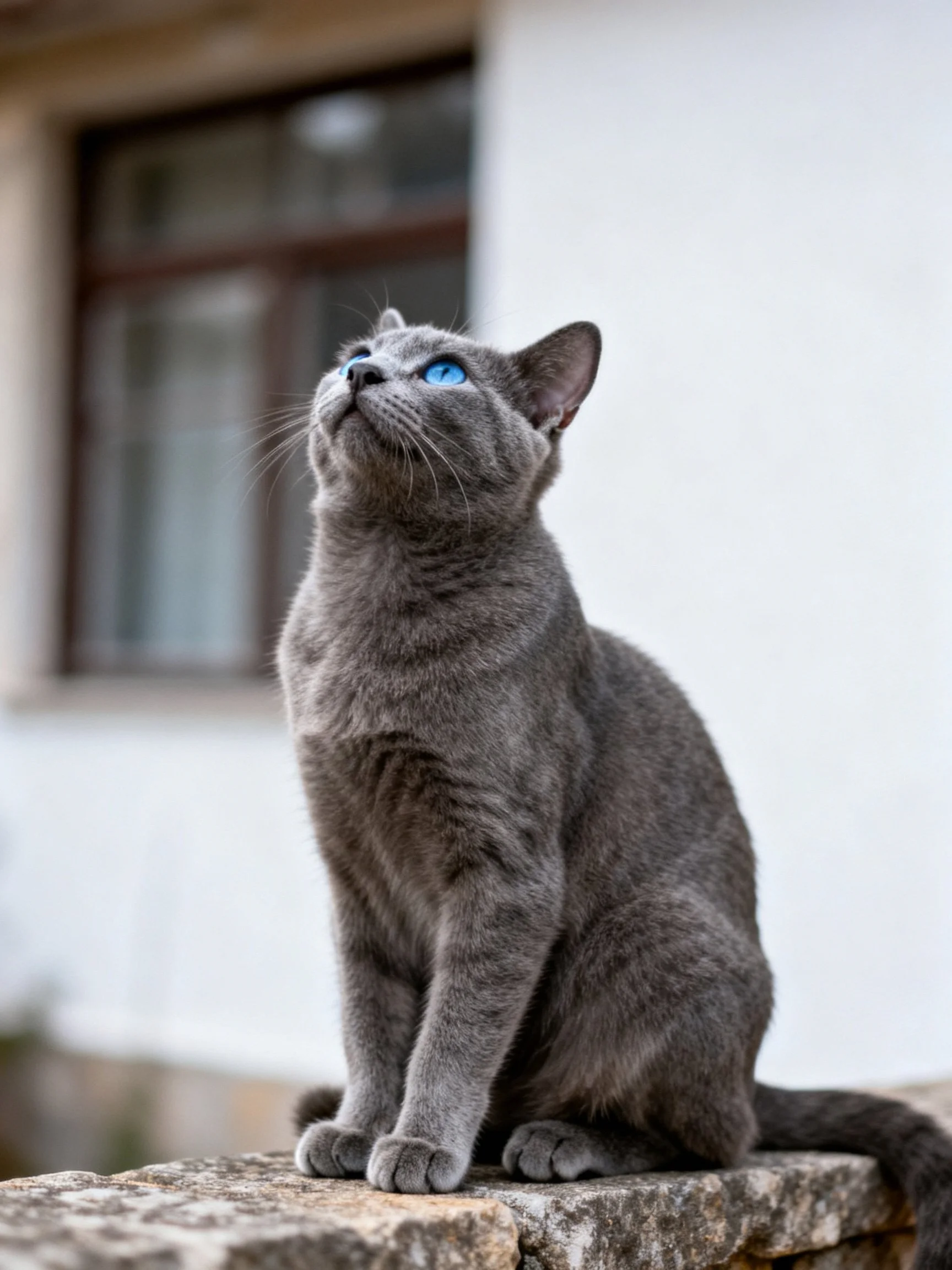 A gray cat with blue eyes sits on a stone ledge outside a white building