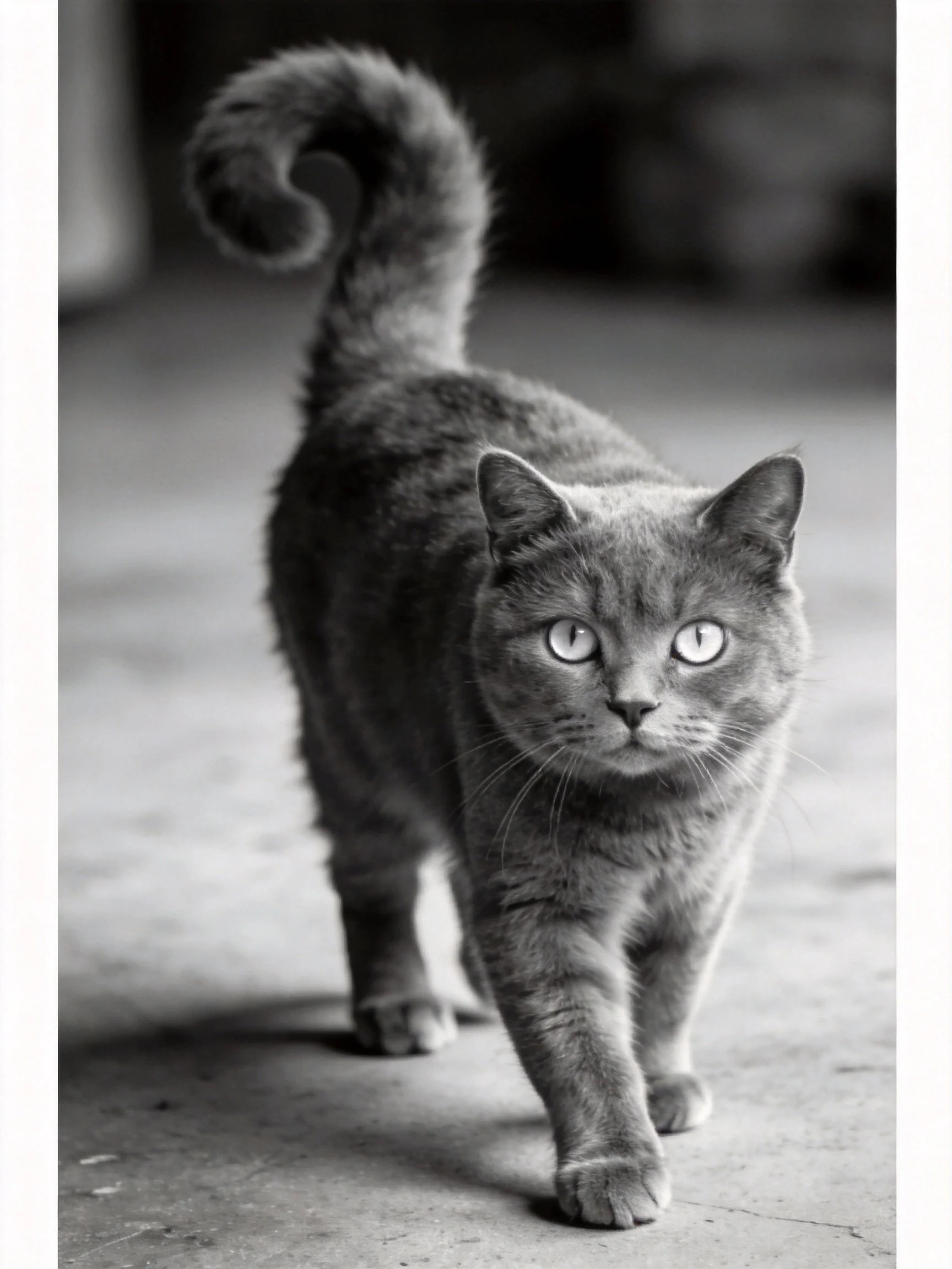 A gray cat with bright eyes moves forward in a monochrome scene.