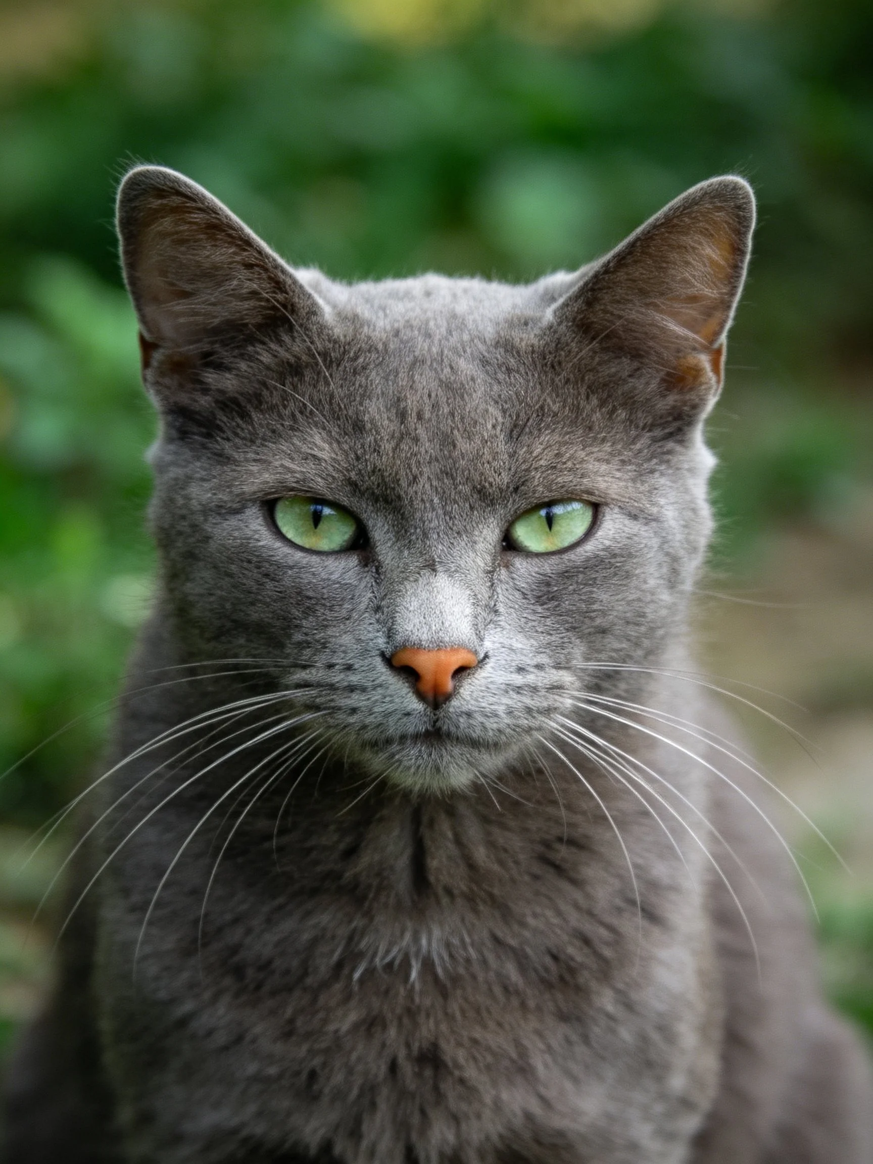 A gray cat with striking green eyes rests calmly in front of a blurred green natural environment