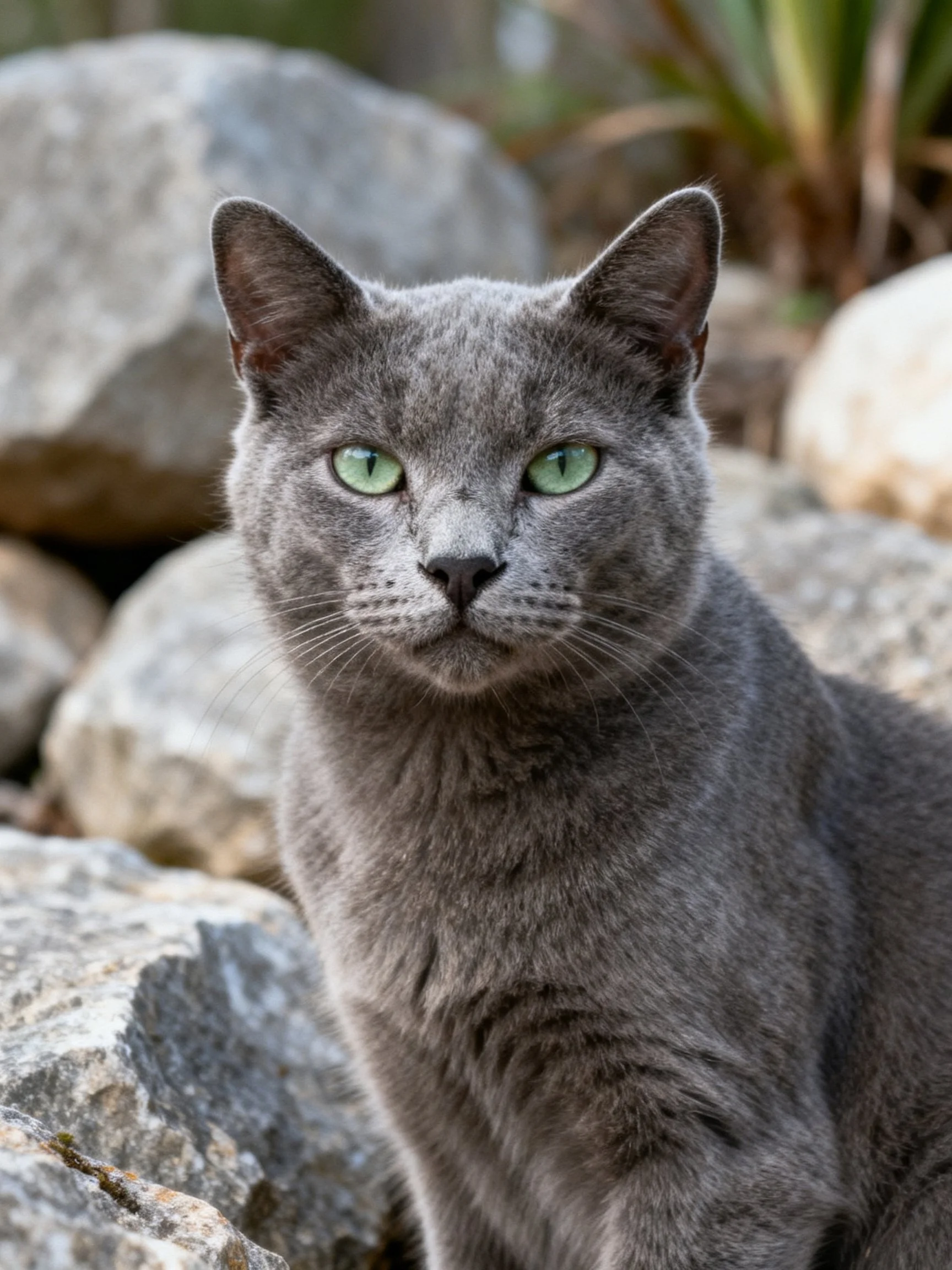 A gray cat with bright green eyes among large rocks