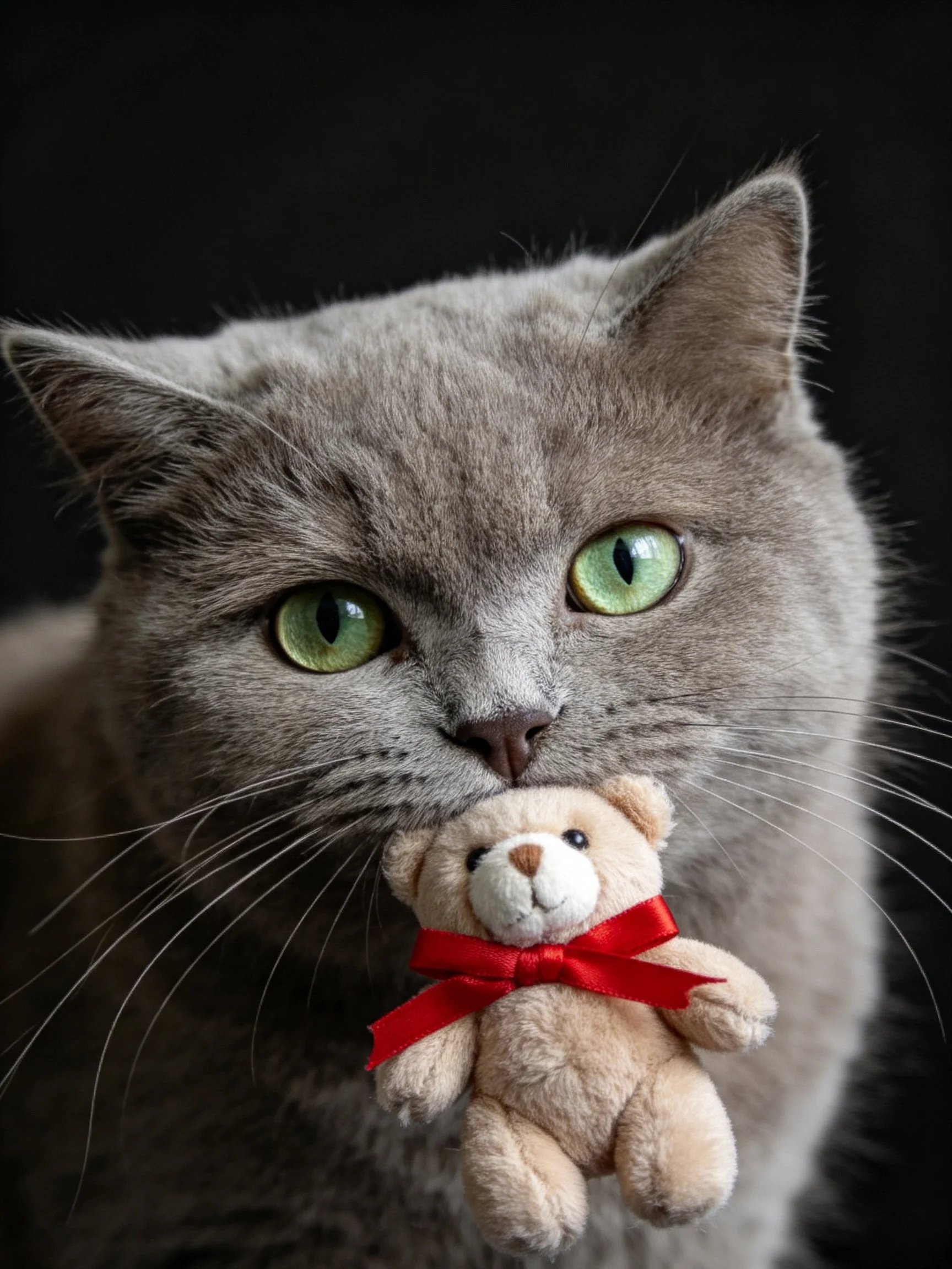 A gray cat holds a small teddy bear in its mouth.