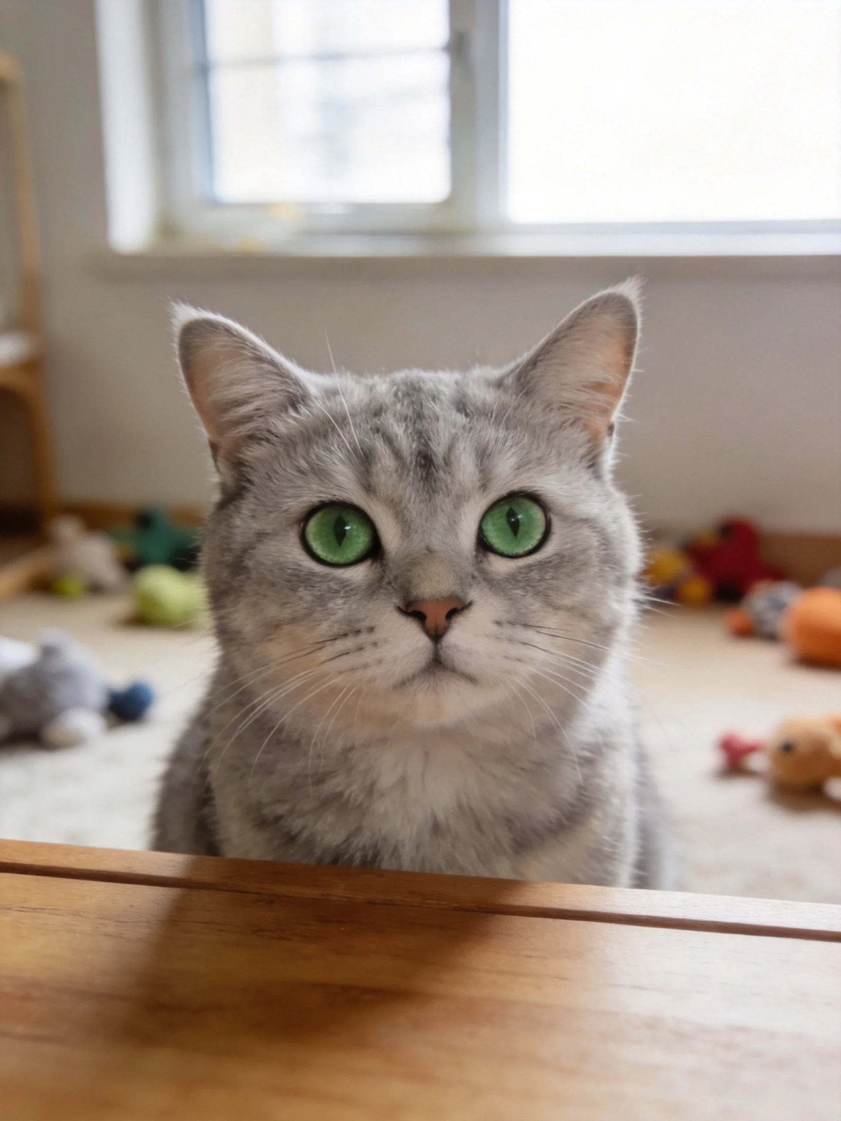 A gray cat with bright green eyes sits near a wooden surface with toys
