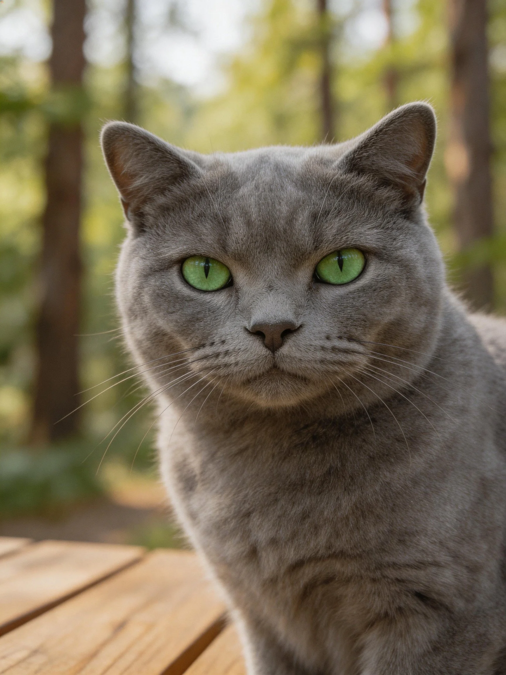A gray cat with vibrant green eyes rests beside a wooden structure amid a forest setting.