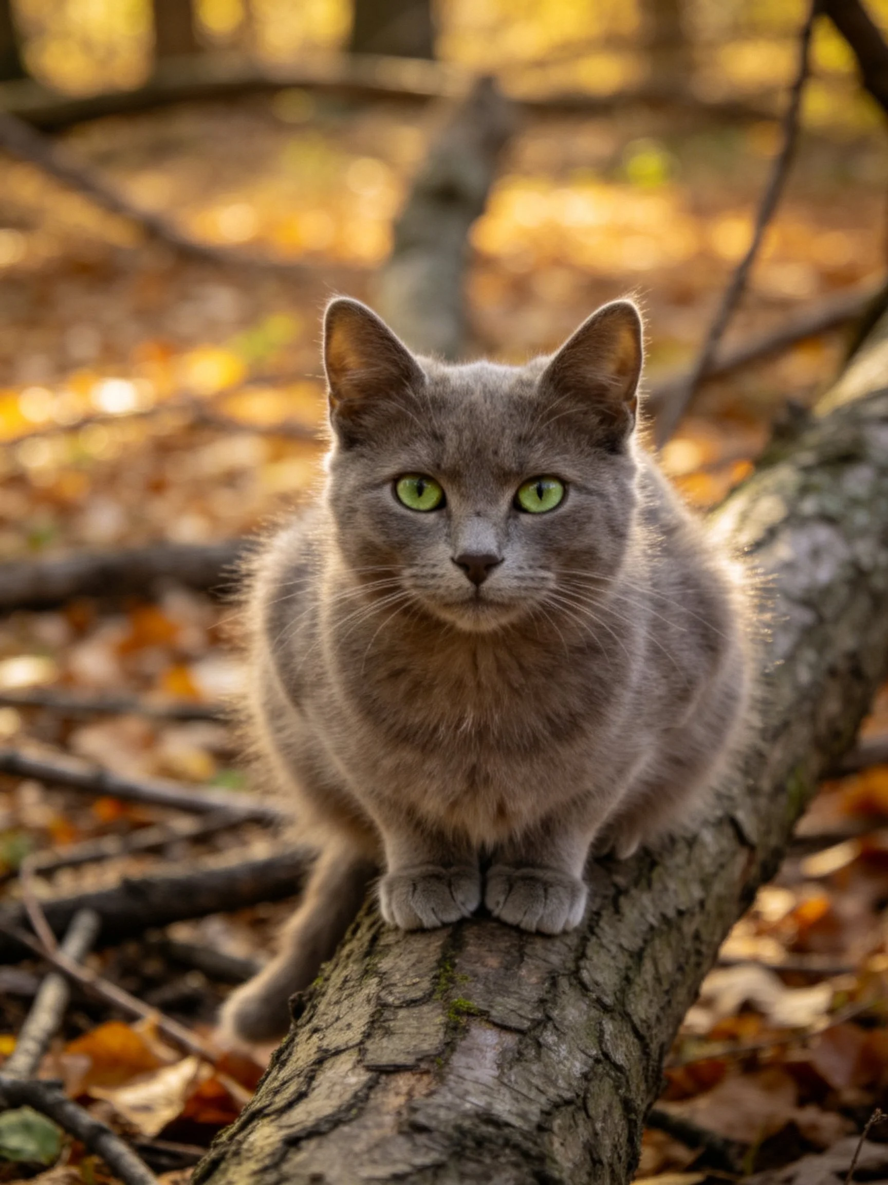 A gray cat with green eyes sits on a fallen tree trunk in an autumn forest.
