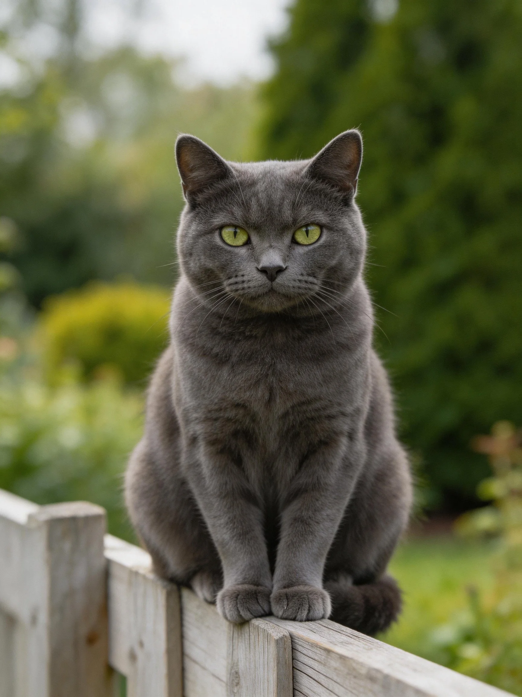A gray cat with green eyes sits on a wooden fence in a verdant outdoor setting.