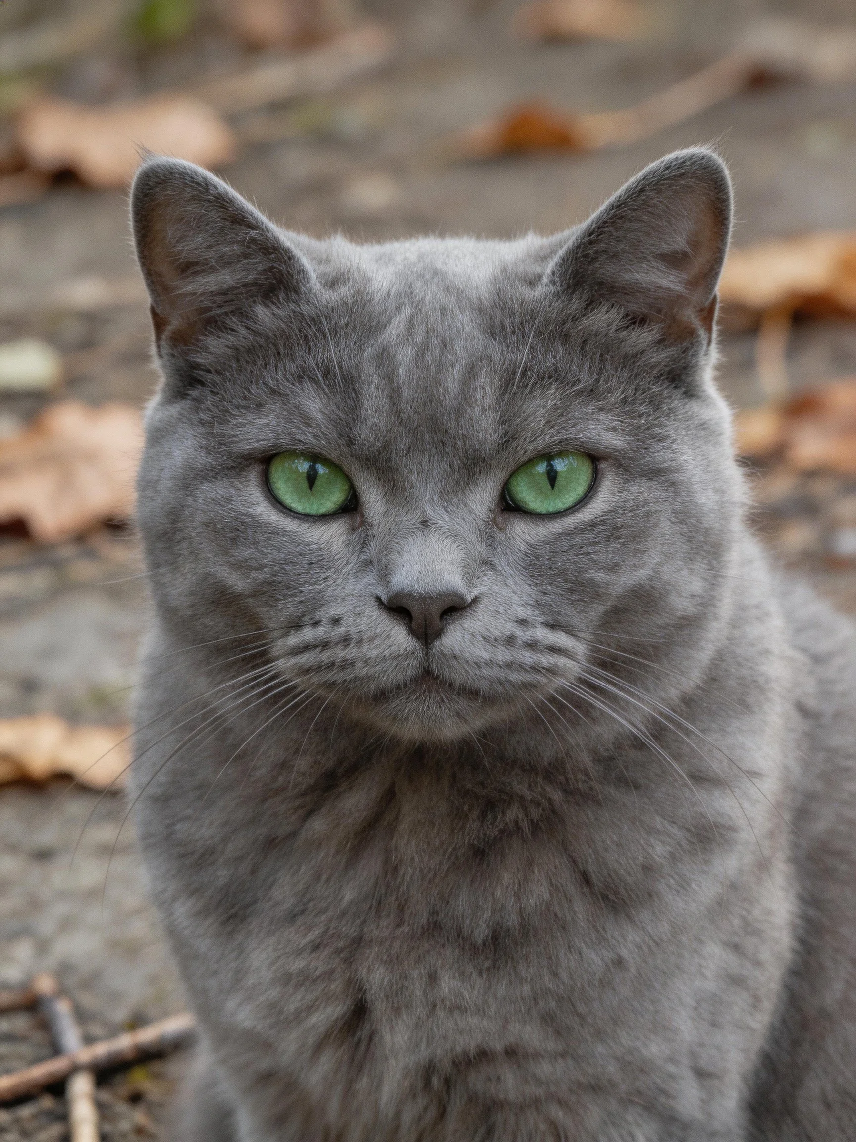 A gray cat with green eyes is centered in an outdoor area with fallen leaves.