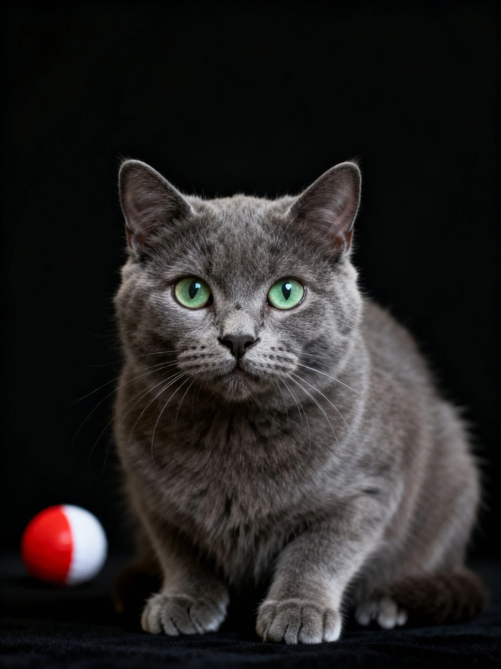 A gray cat with green eyes sits near a red - white ball against a dark backdrop.