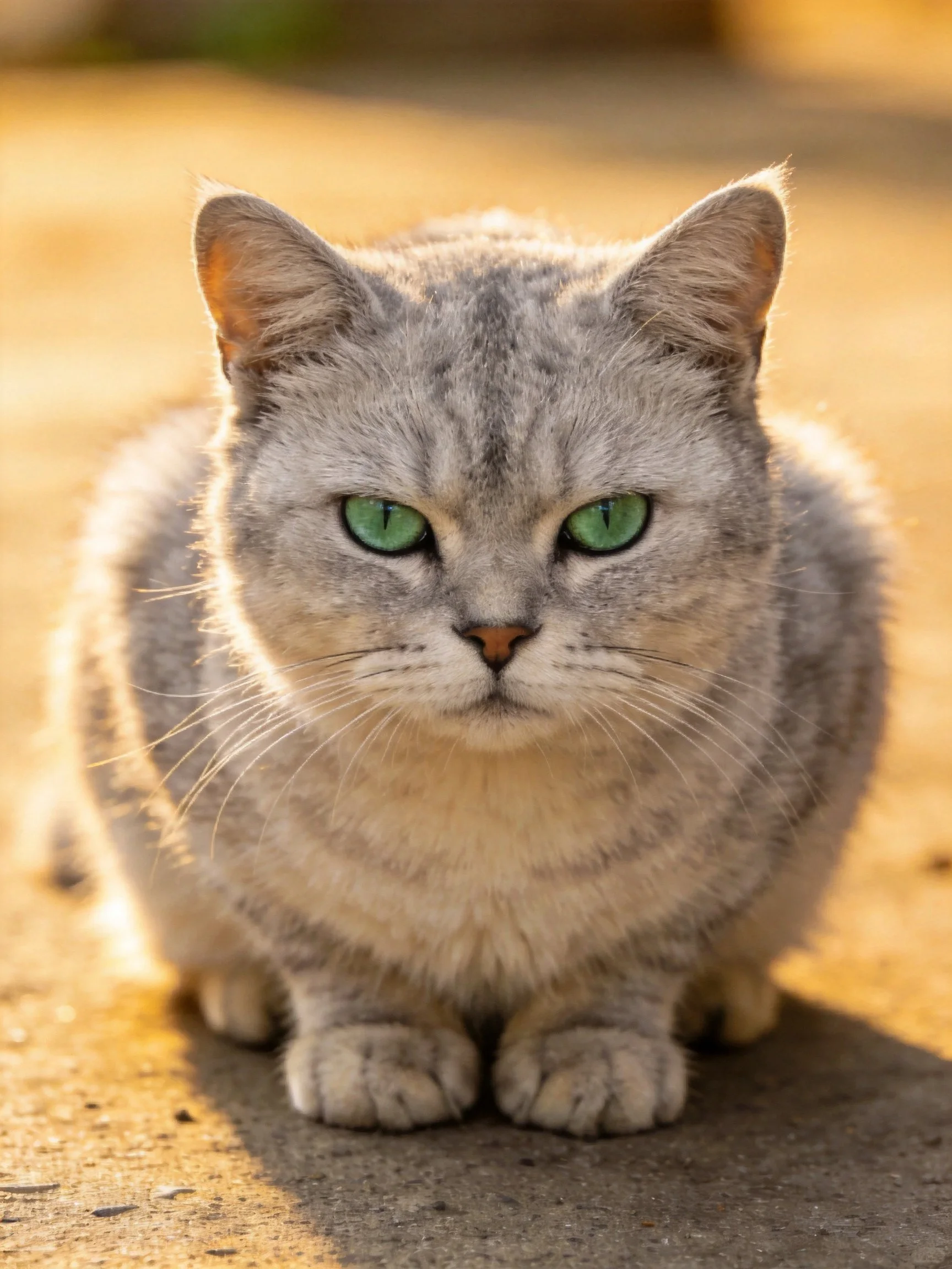 A gray cat with bright green eyes sits calmly in sunlight