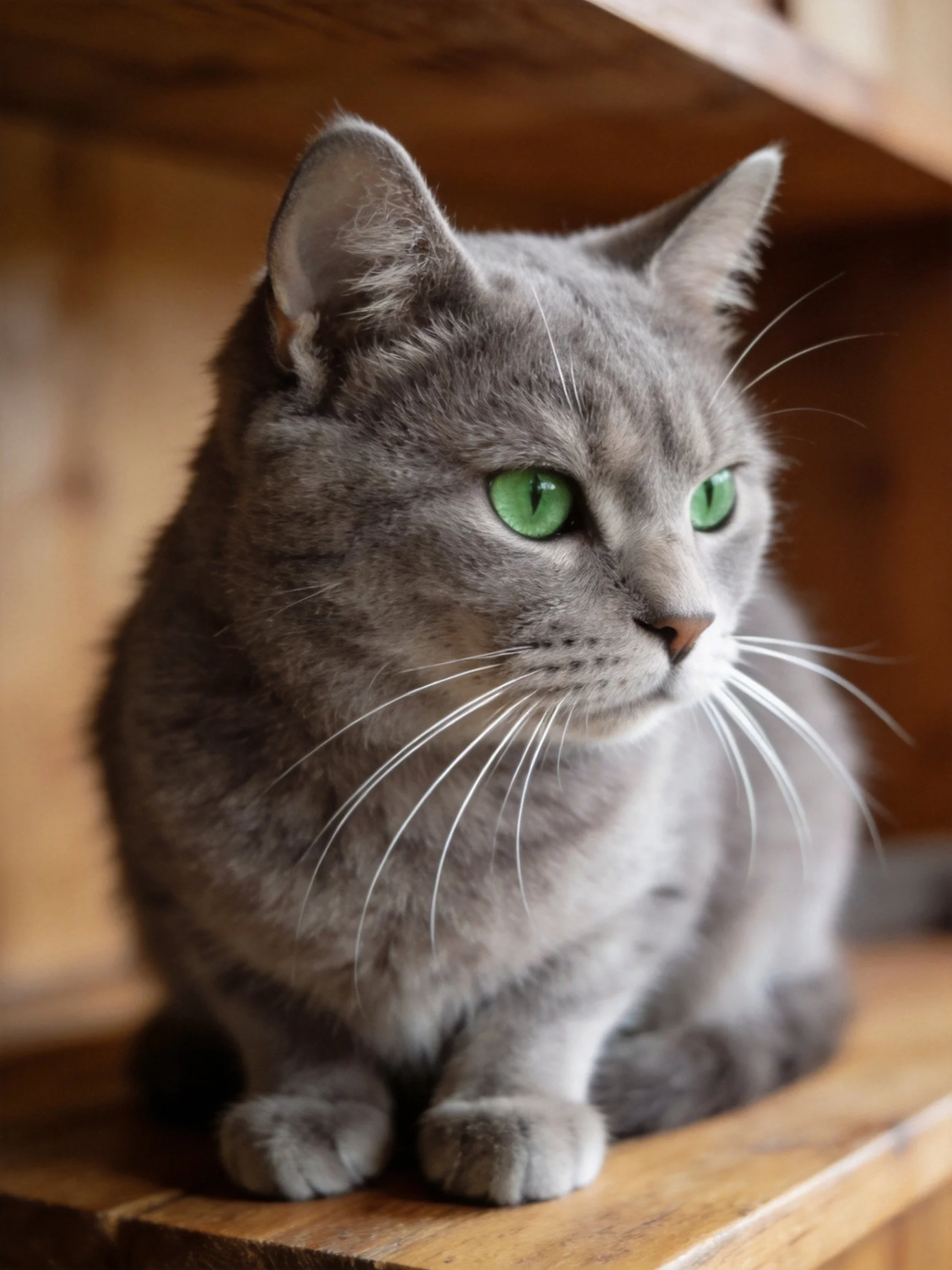 A gray cat with bright green eyes sits on a wooden surface.