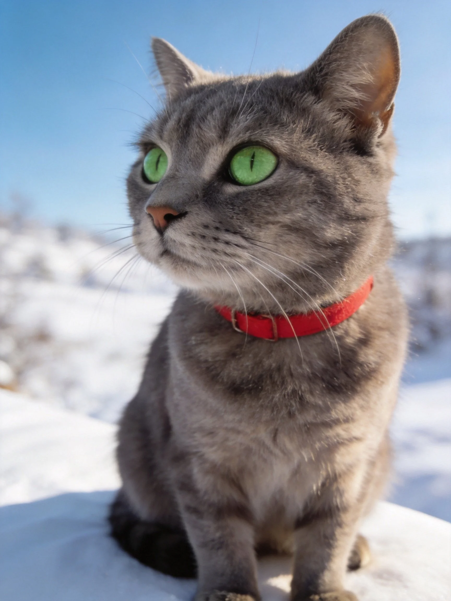 A gray cat with green eyes and a red collar sits in a snowy outdoor setting.