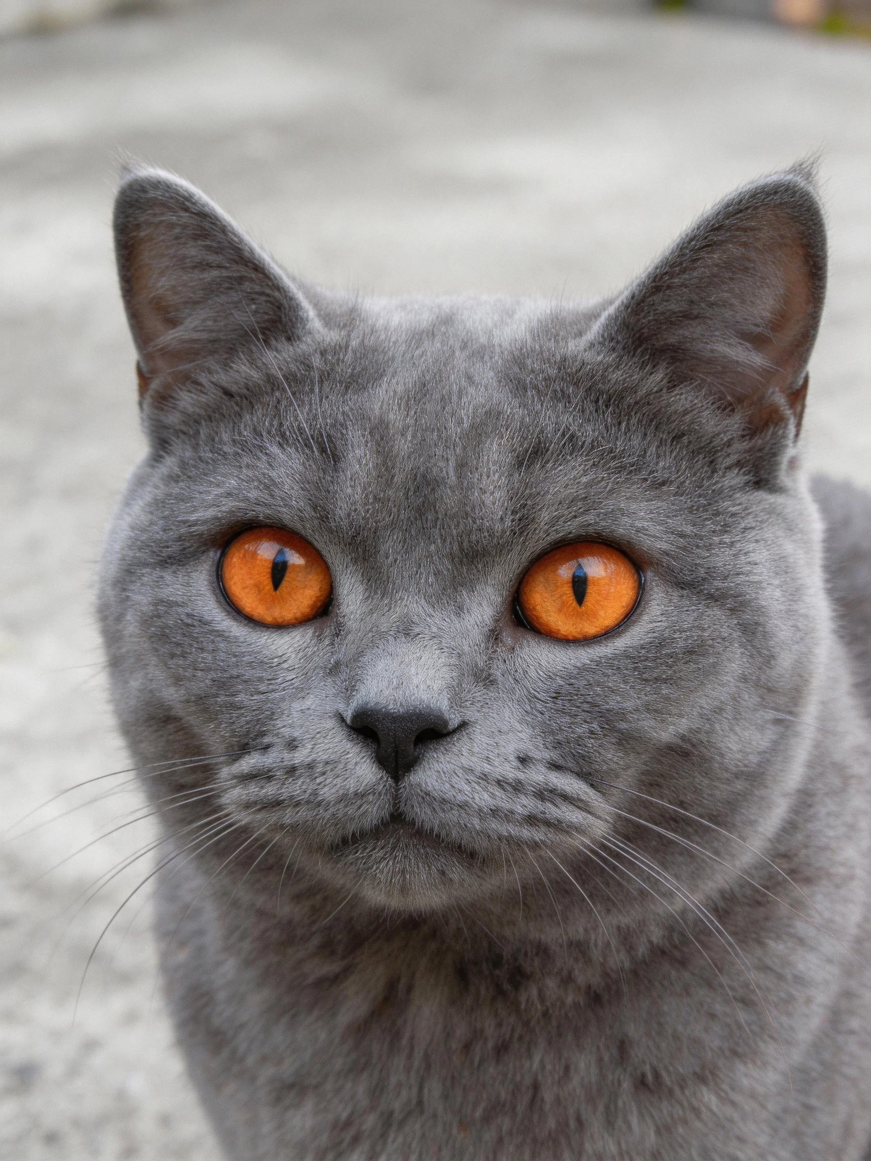 A gray cat with bright orange eyes is photographed up close