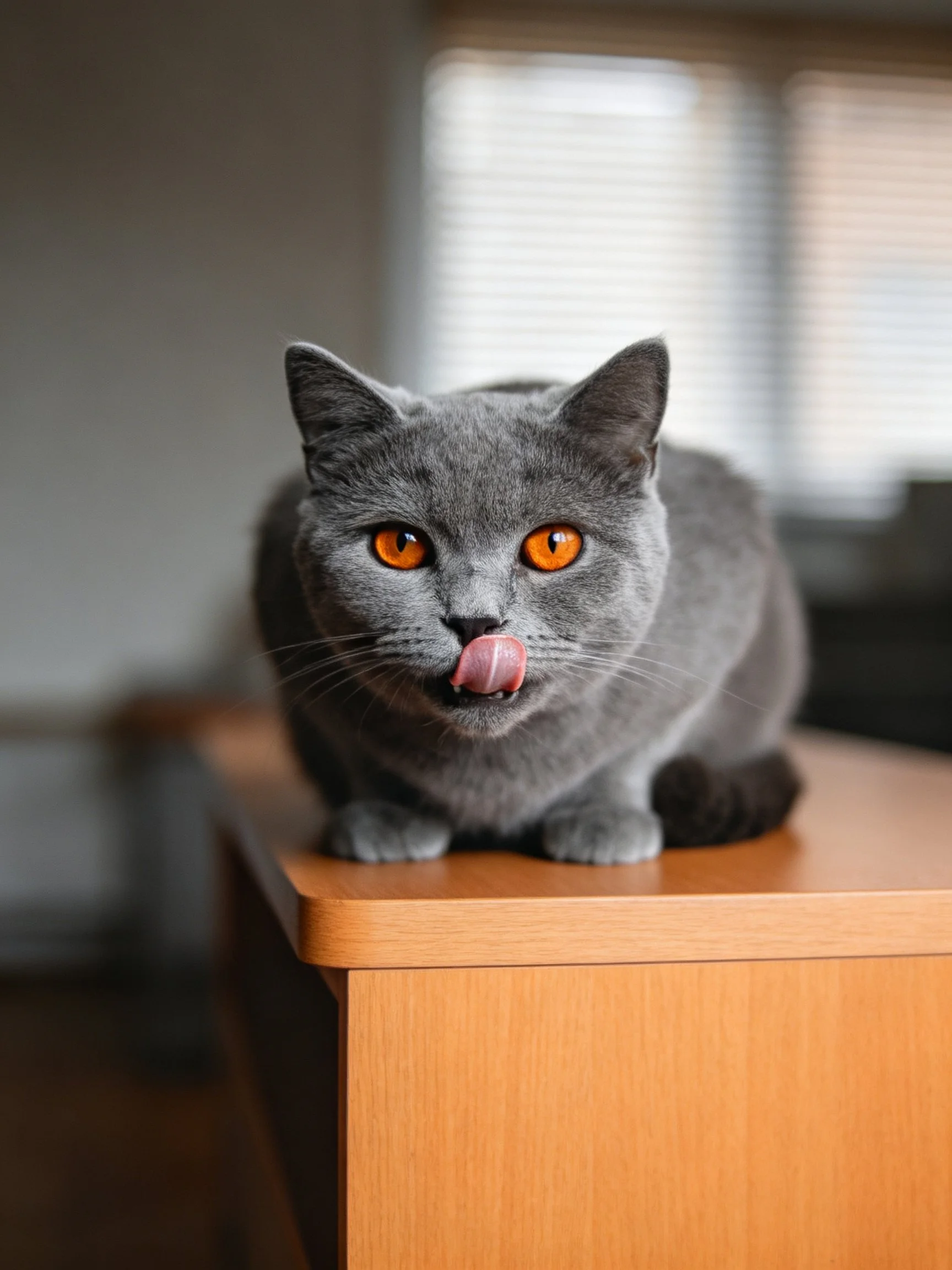 Gray cat with orange eyes licks its nose on a wooden cabinet