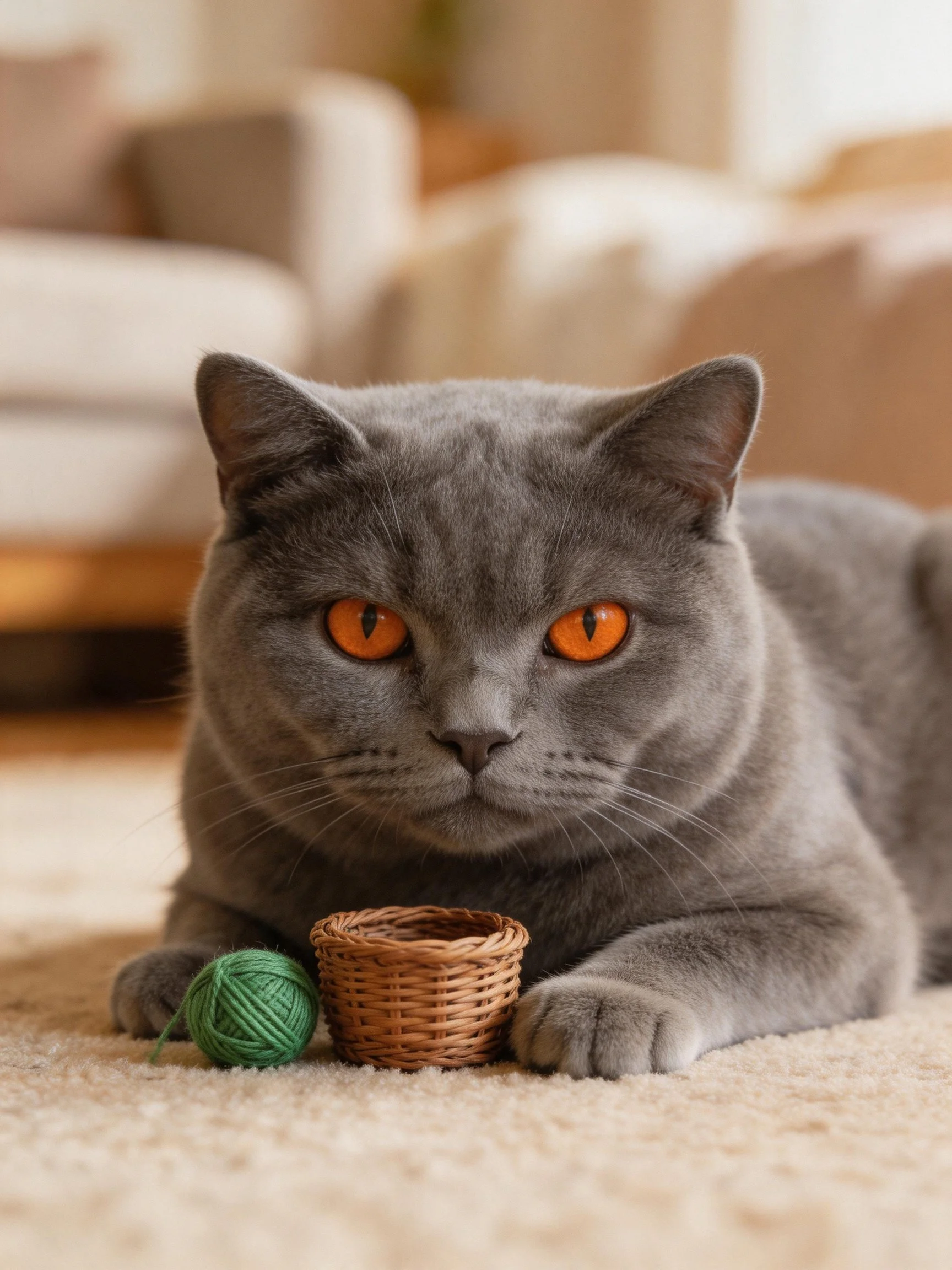A gray cat with orange eyes lies next to a green yarn ball and small basket in a cozy indoor space.