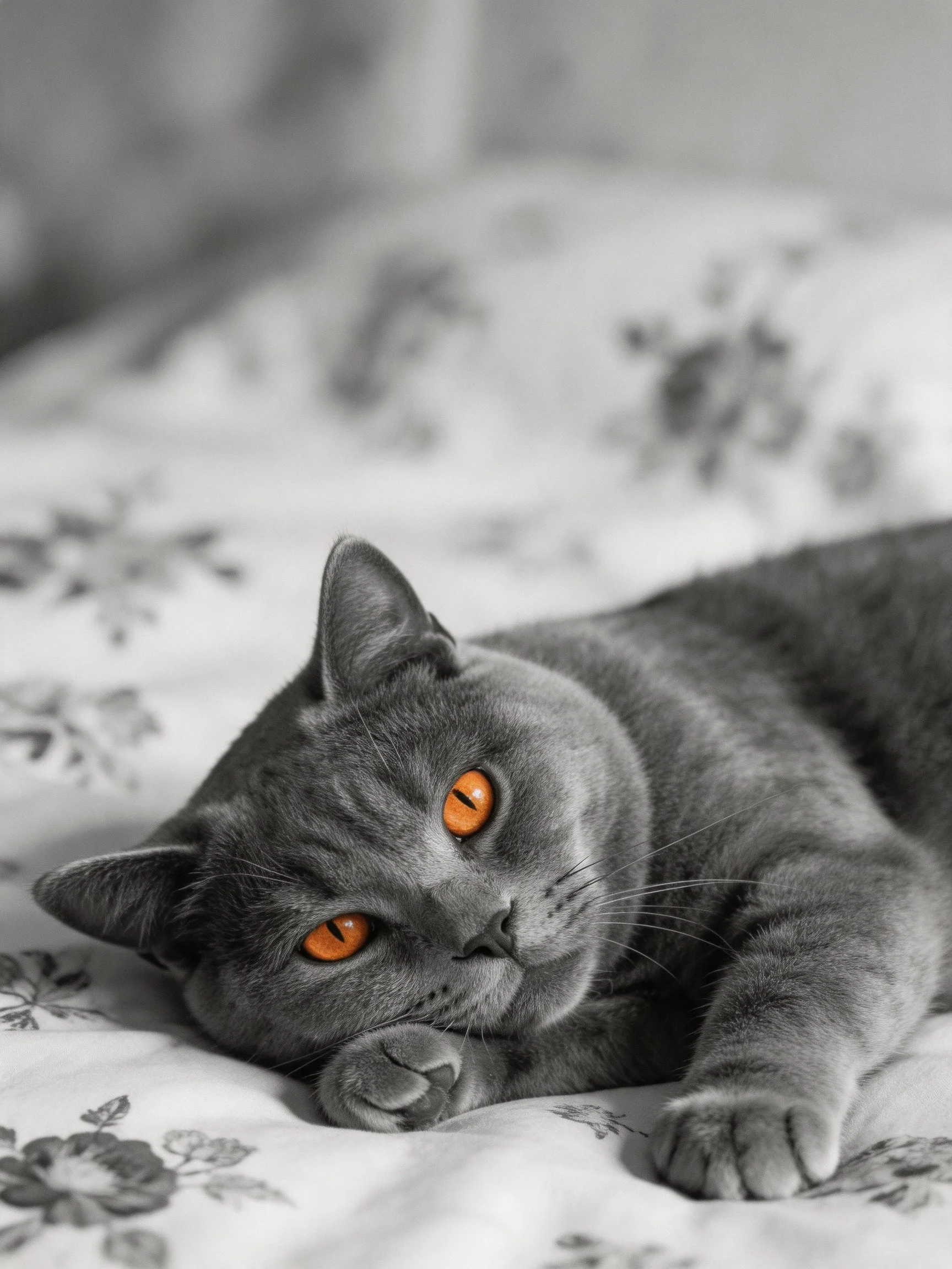 A gray cat with vivid orange eyes relaxes on a patterned bed.