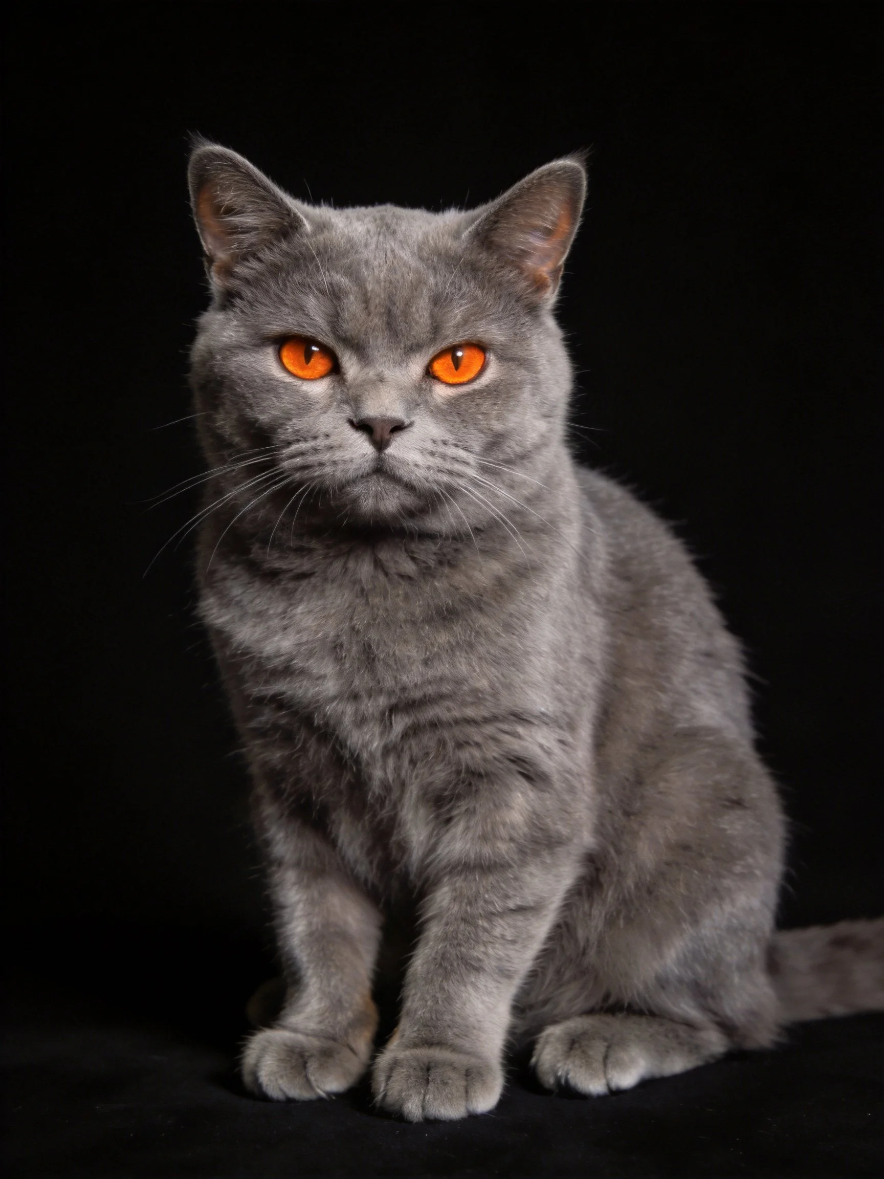 A gray cat with bright orange eyes sits calmly against a dark background.