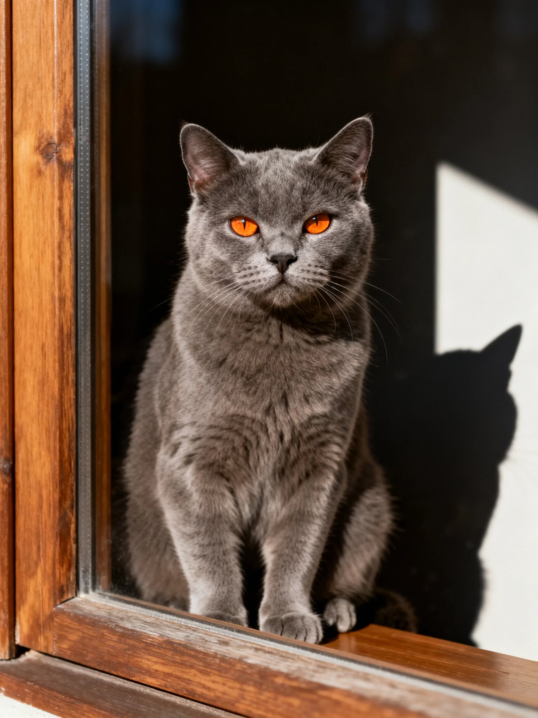 A gray cat with orange eyes rests beside a wooden window frame