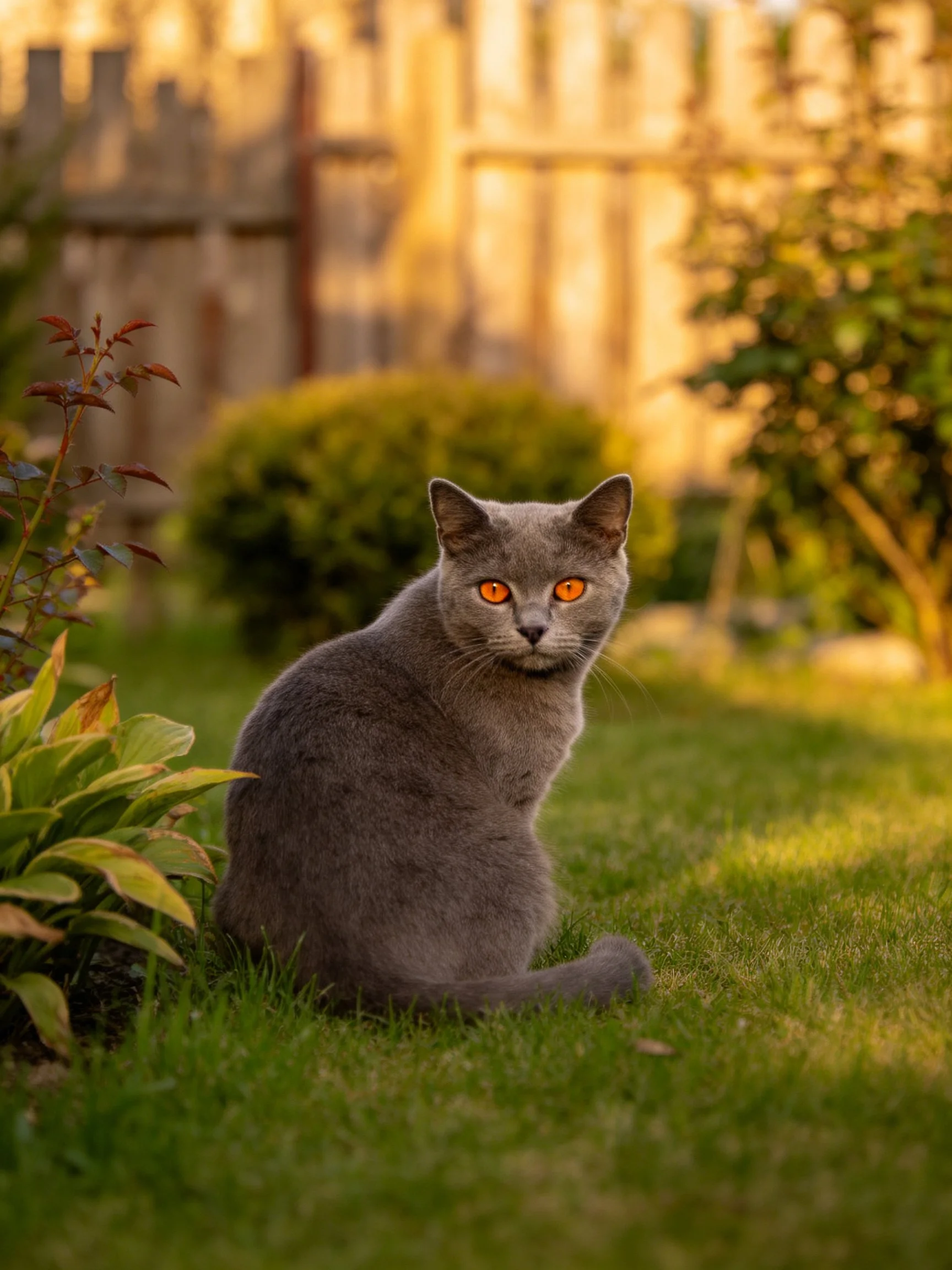 A gray cat with glowing orange eyes rests on grass in a sun-drenched garden.
