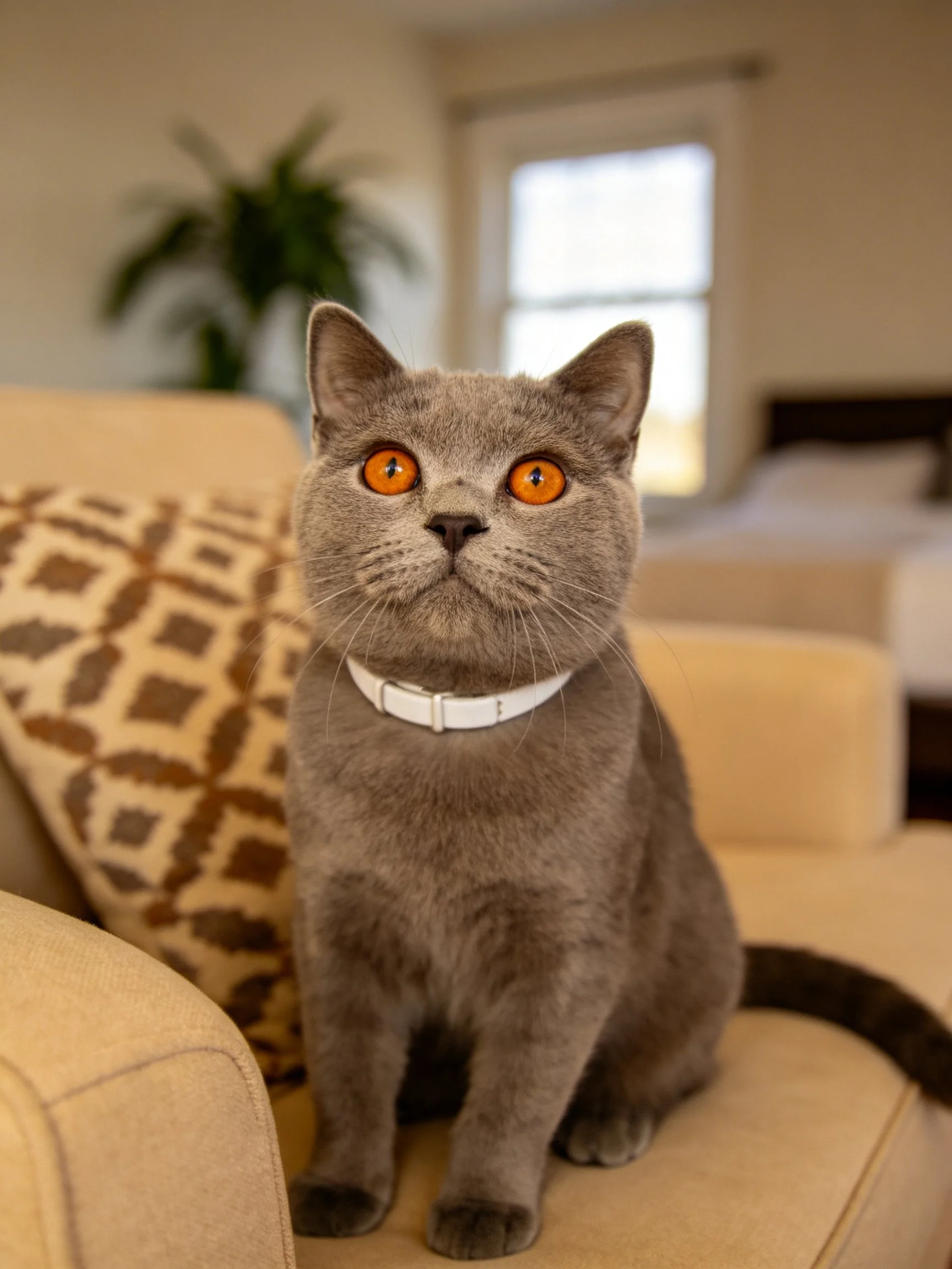 A gray cat with bright orange eyes sits on a beige armchair in a cozy room
