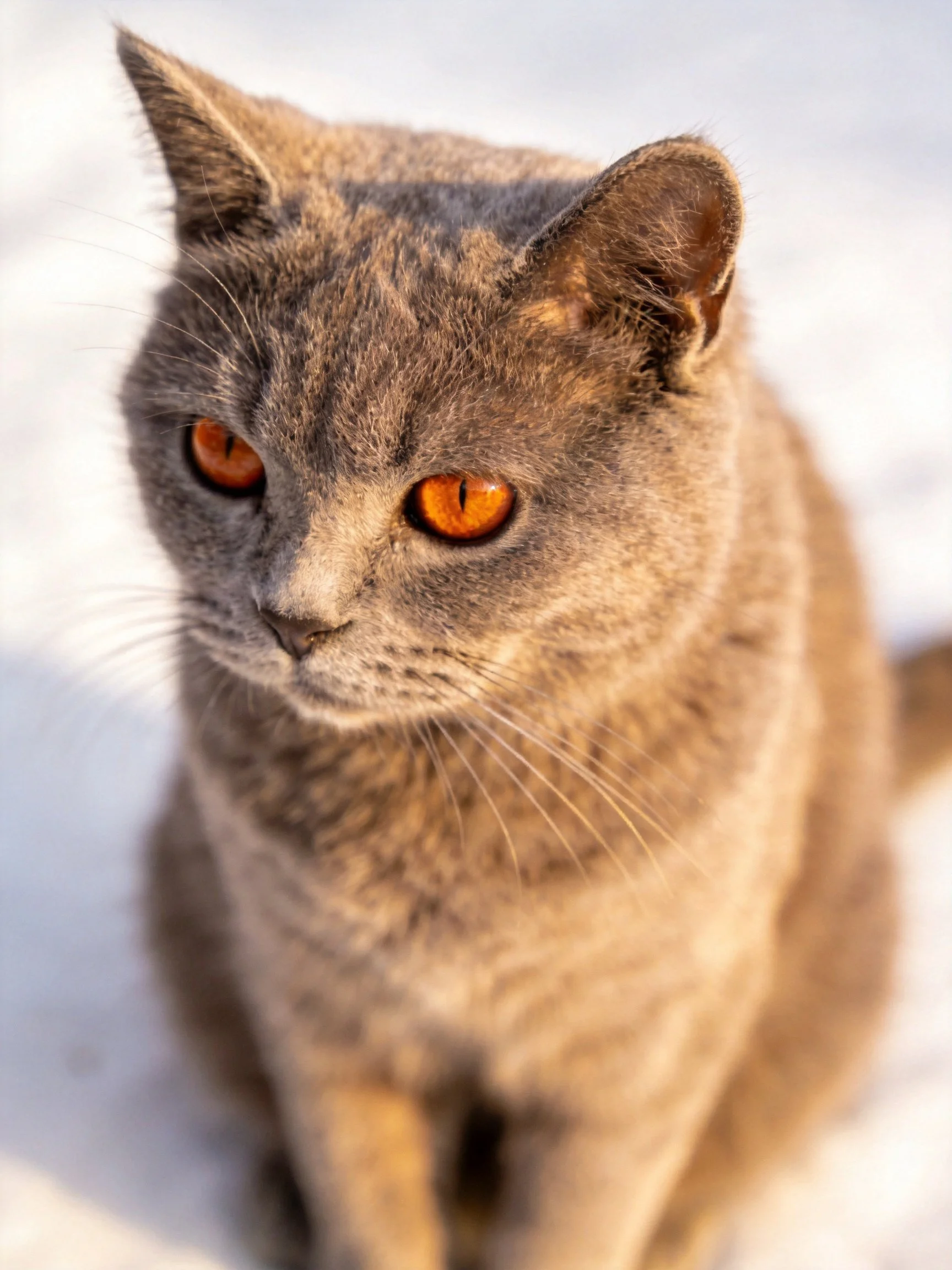 A gray cat with orange eyes sits calmly in an outdoor setting.