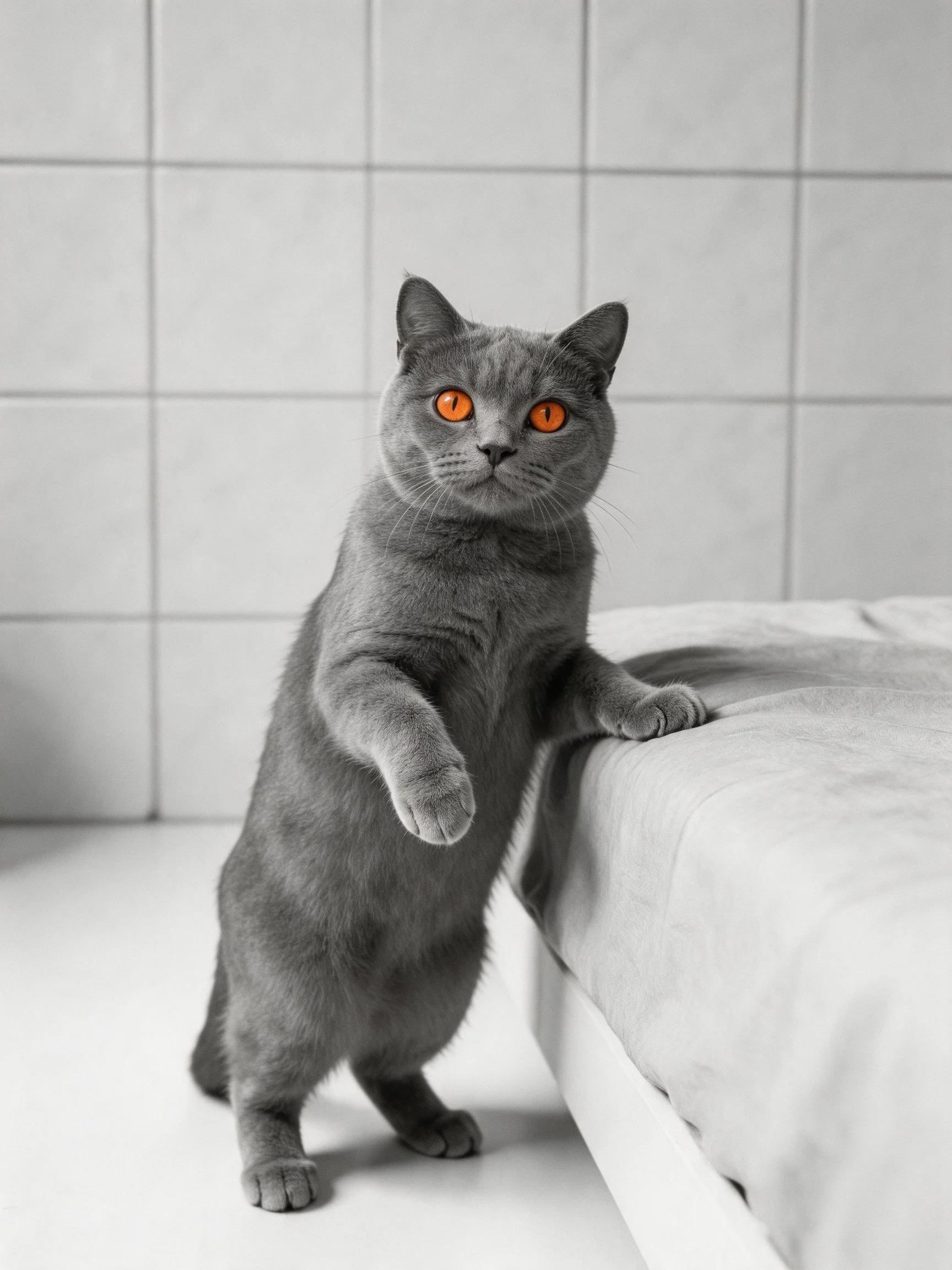 A gray cat with vivid orange eyes stands upright next to a bed in a tiled room.