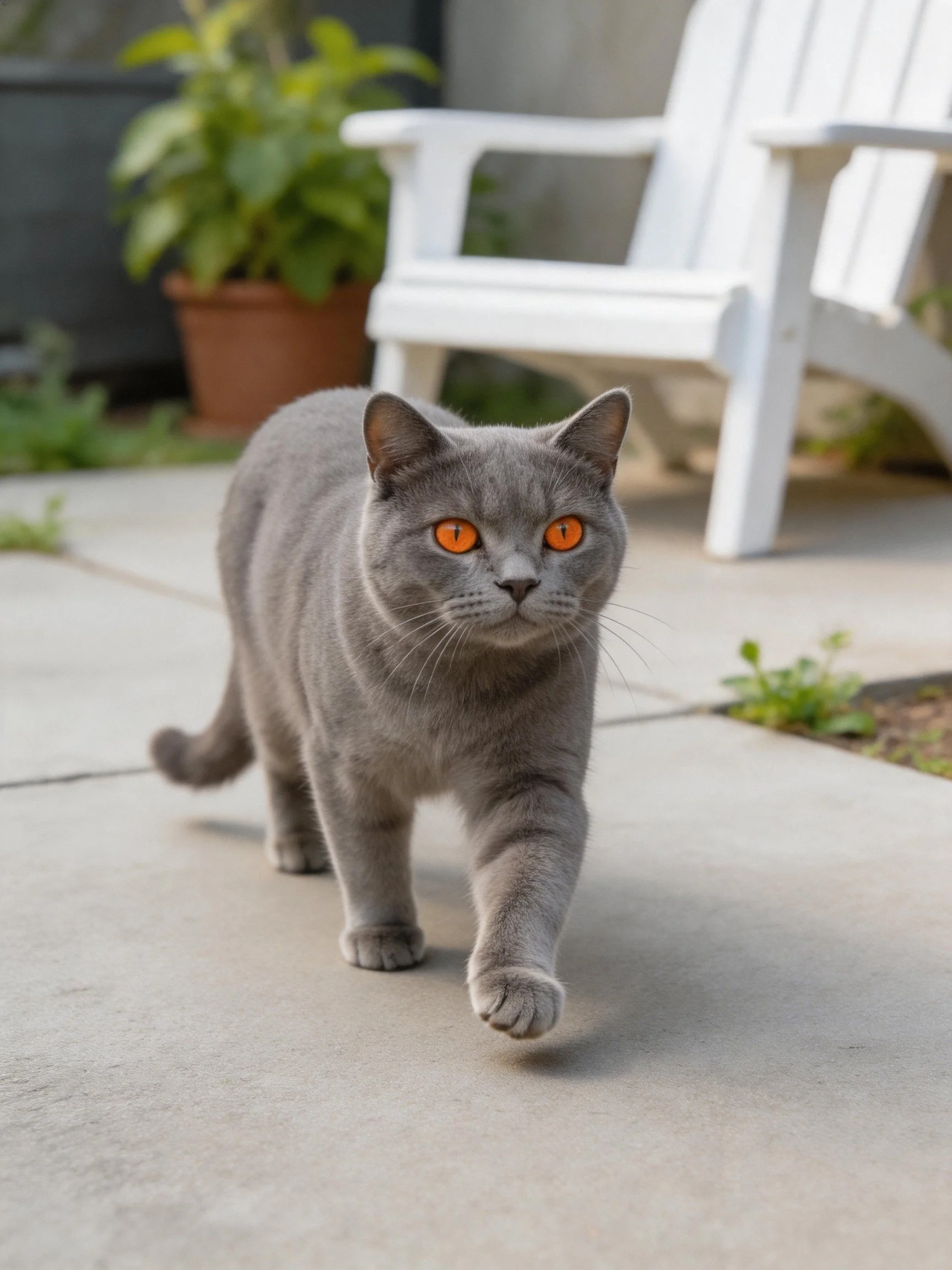 A gray cat with orange eyes moves across a concrete patio in an outdoor area.