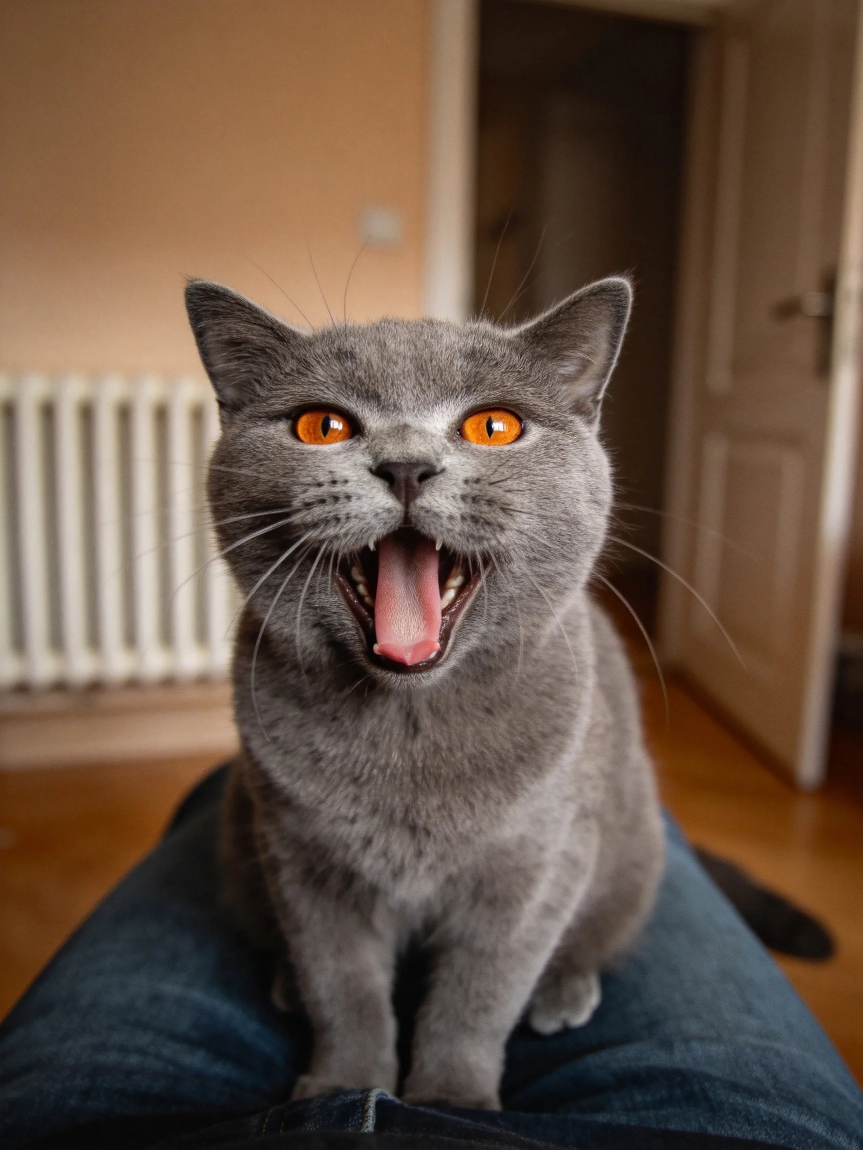 A gray cat with bright orange eyes yawns while sitting on blue jeans in an indoor setting.