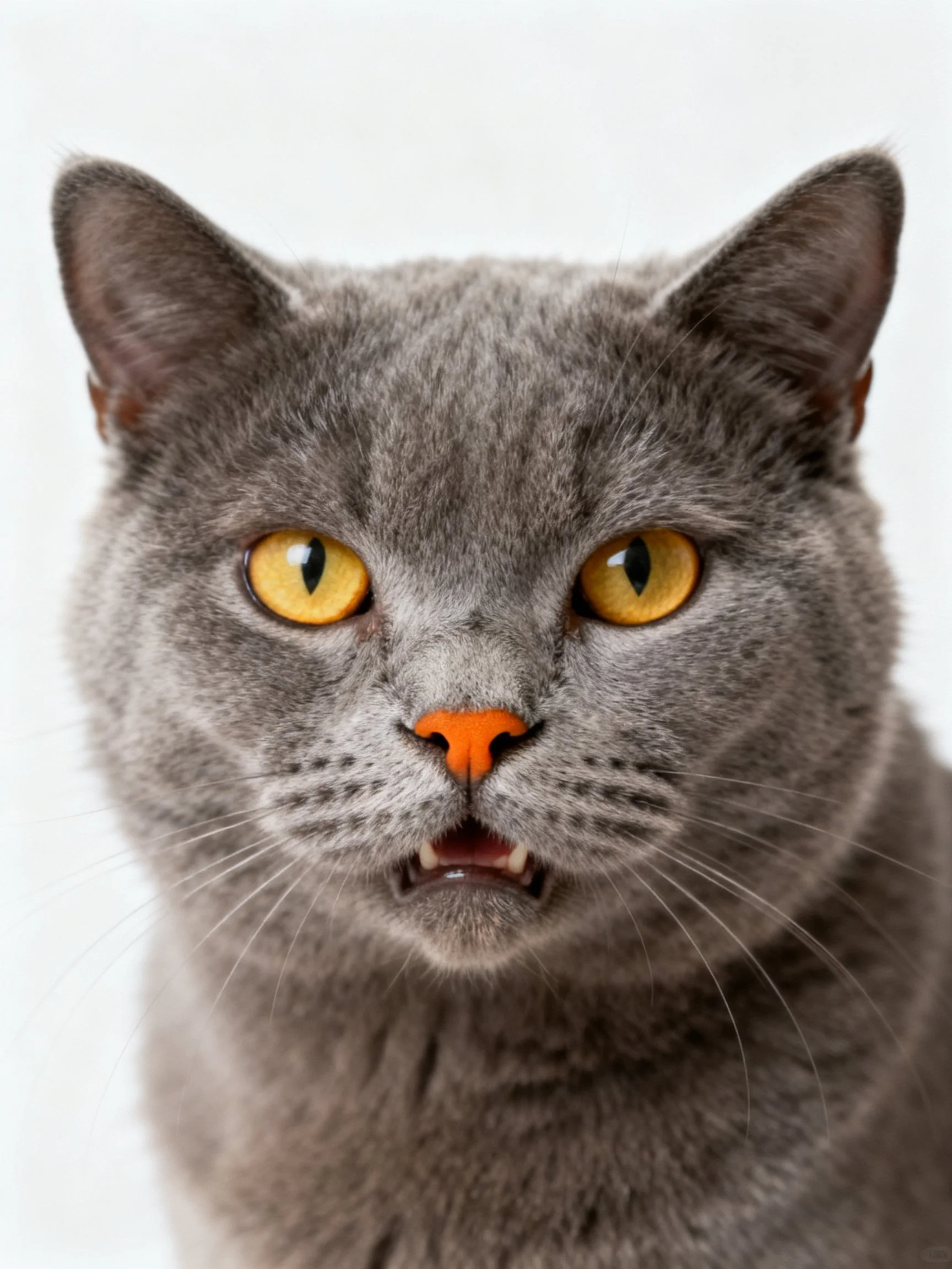 A close - up photograph shows a gray cat with yellow eyes and an orange nose