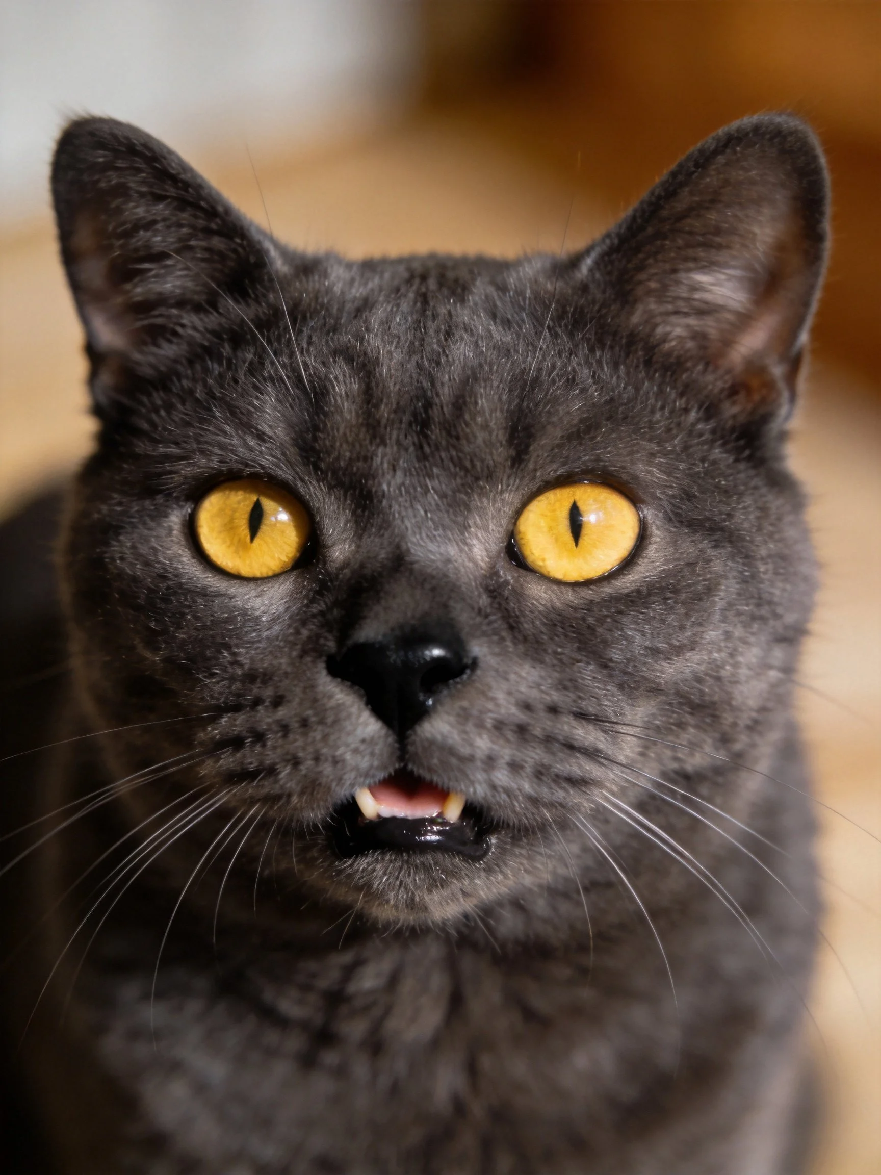 A gray cat with bright yellow eyes is shown up close.