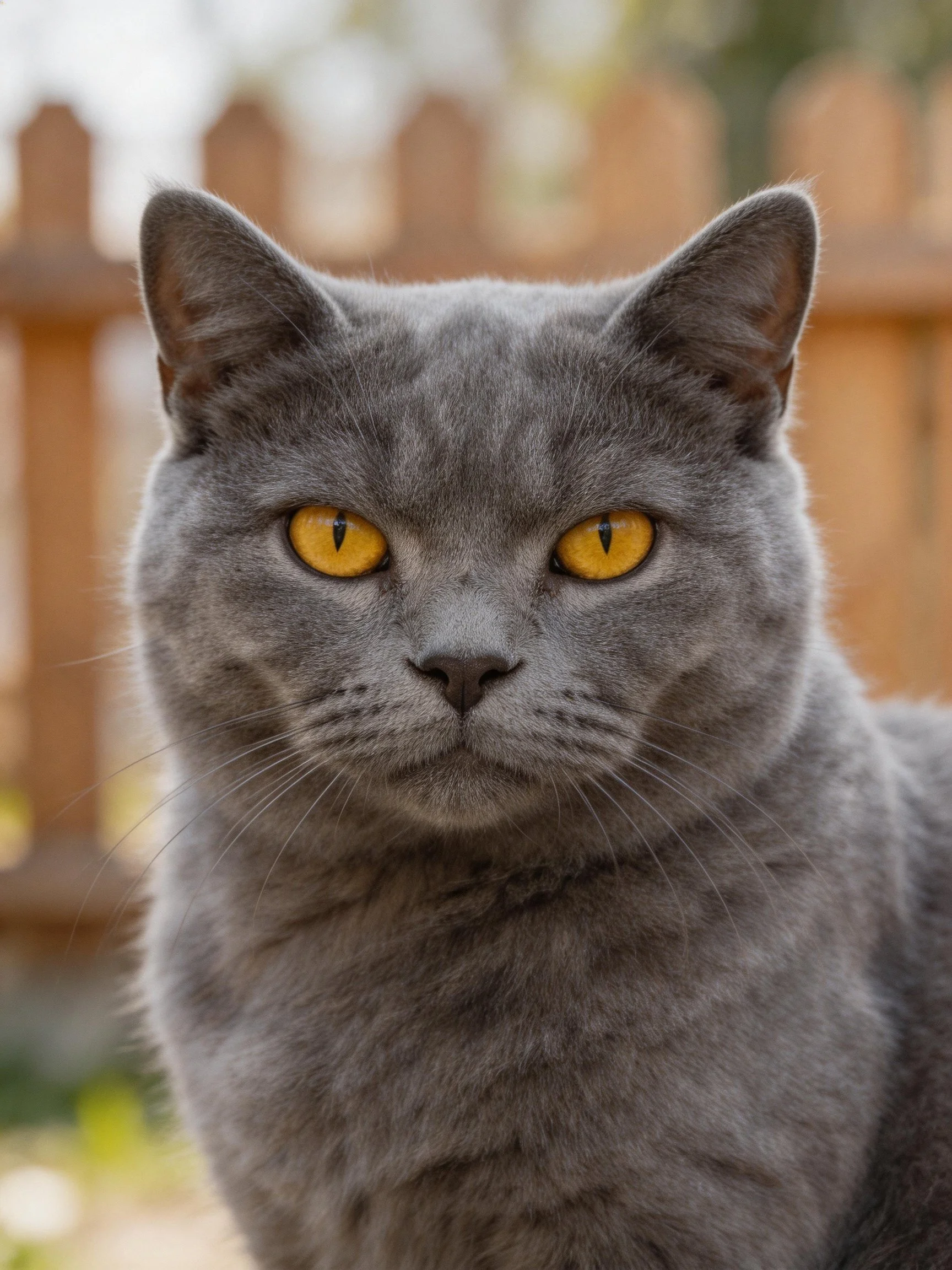 A gray cat with bright yellow eyes sits near a wooden fence.