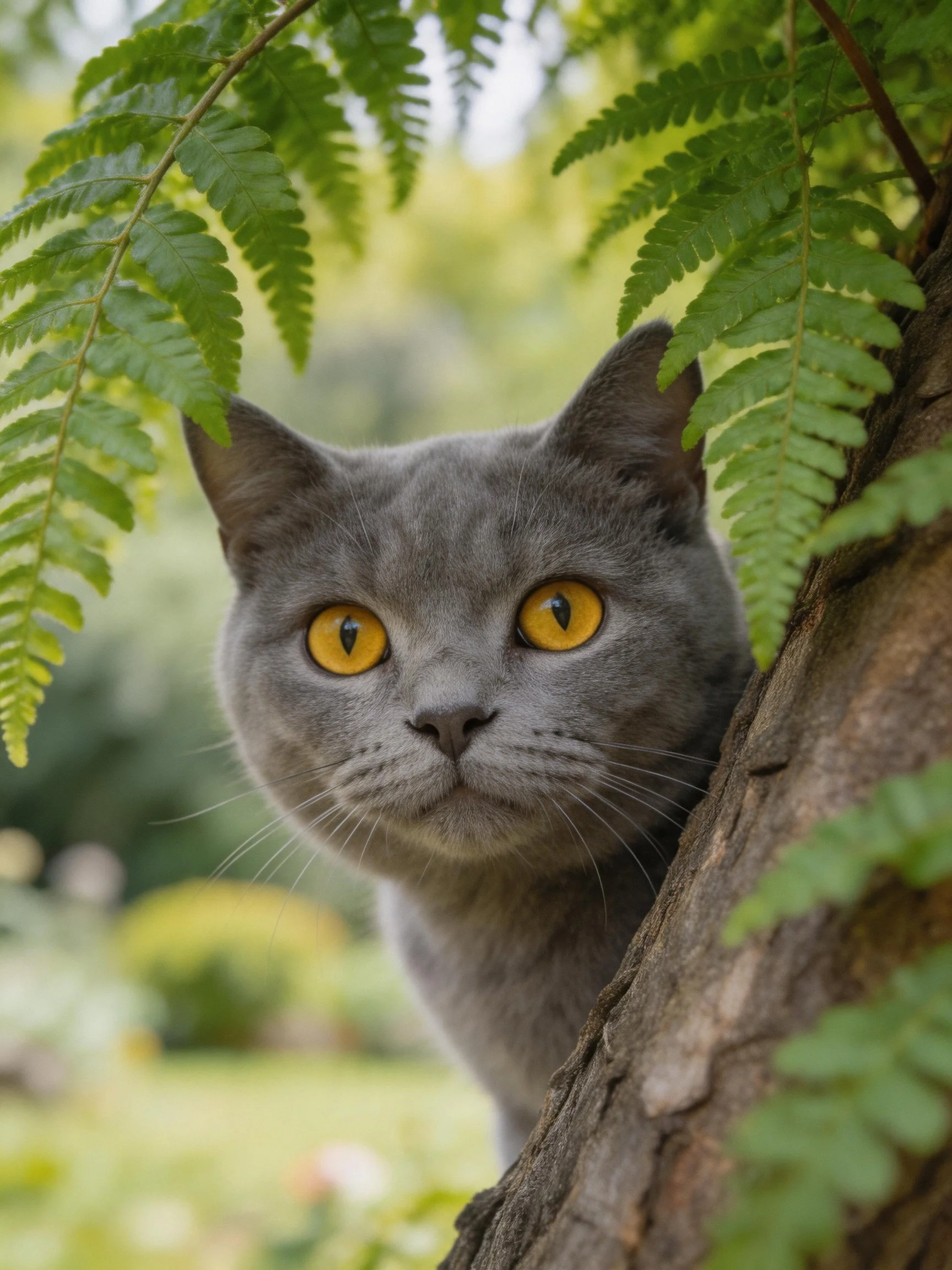 A gray cat with yellow eyes hides among ferns next to a tree trunk.