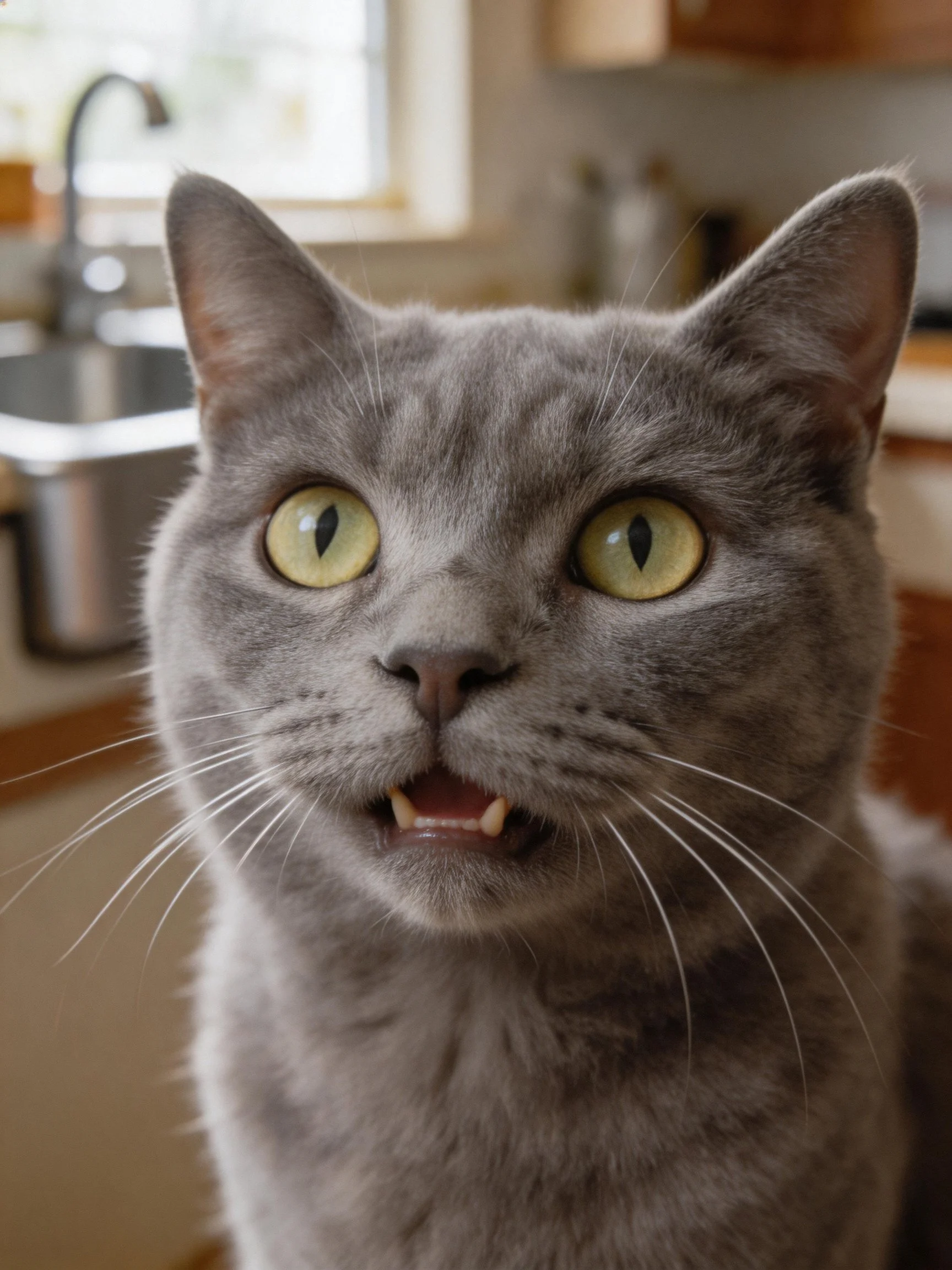 A gray cat with bright yellow eyes looks curious in a kitchen.