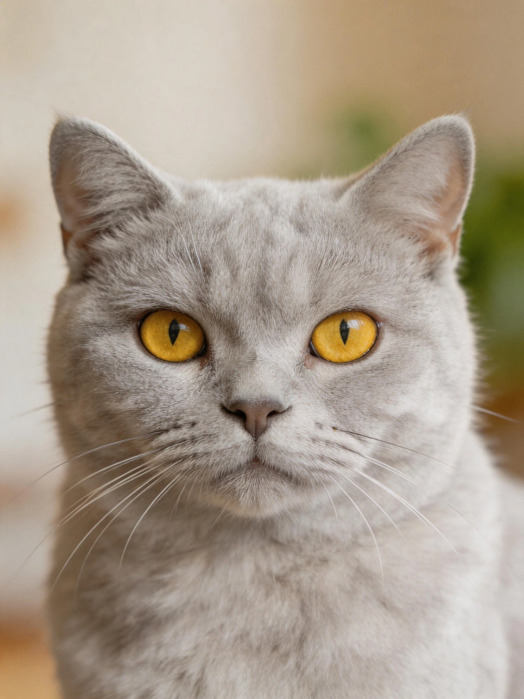 A gray cat with bright yellow eyes is photographed up close in a soft indoor setting.
