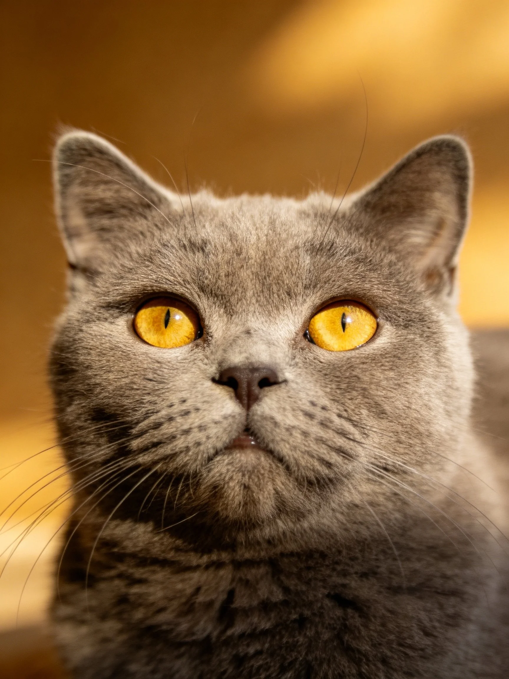 A gray cat with bright yellow eyes is shown up close in a warm setting.