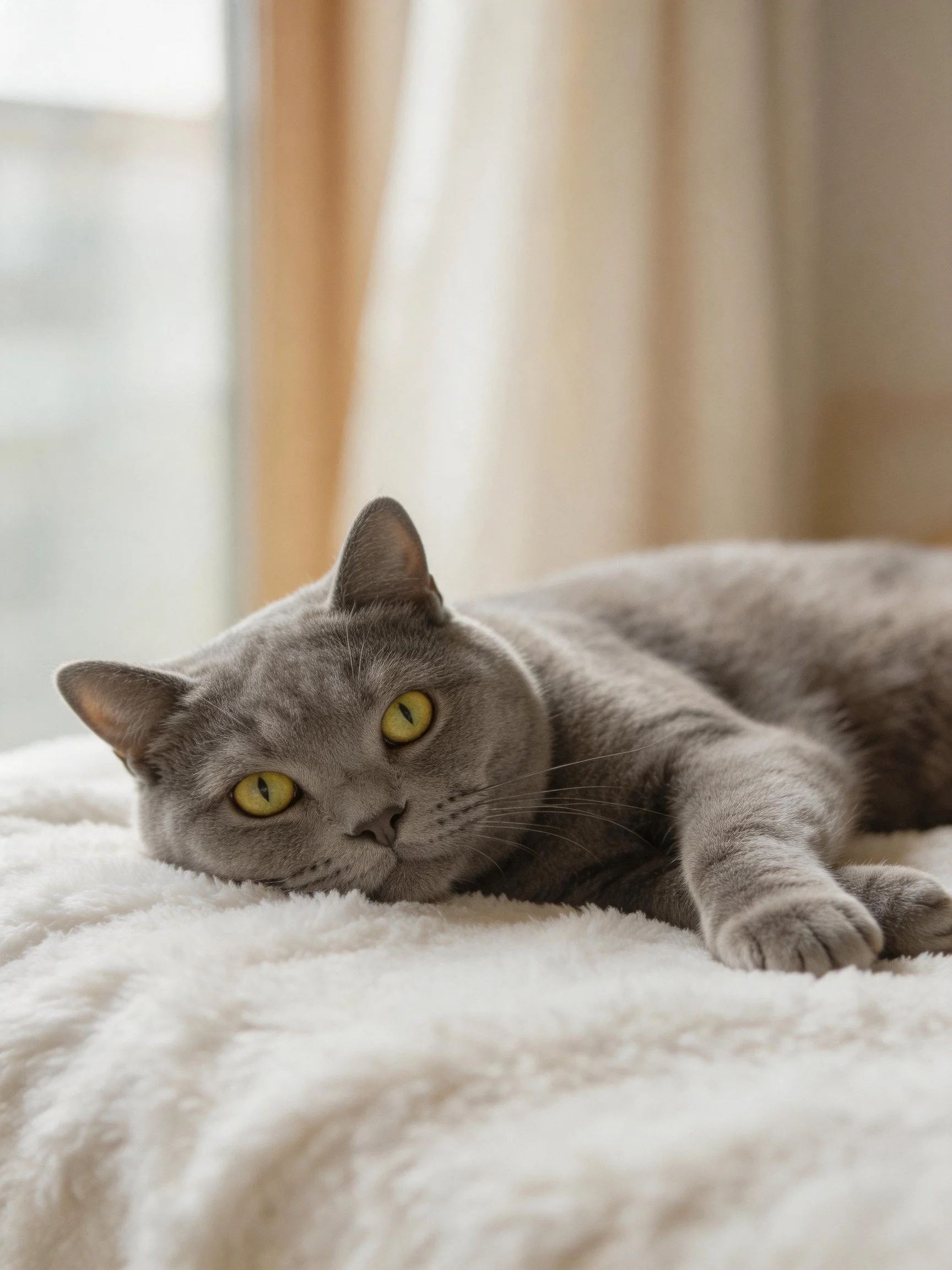 A gray cat with yellow eyes rests on a white bed in a softly lit room.