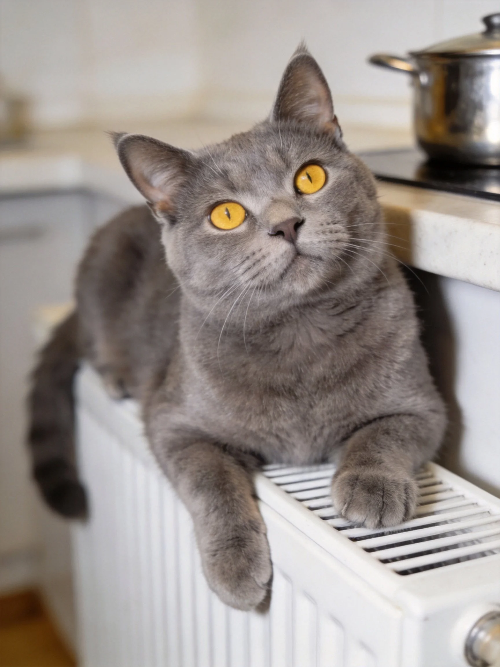 A gray cat with yellow eyes relaxes on a white radiator in a kitchen.