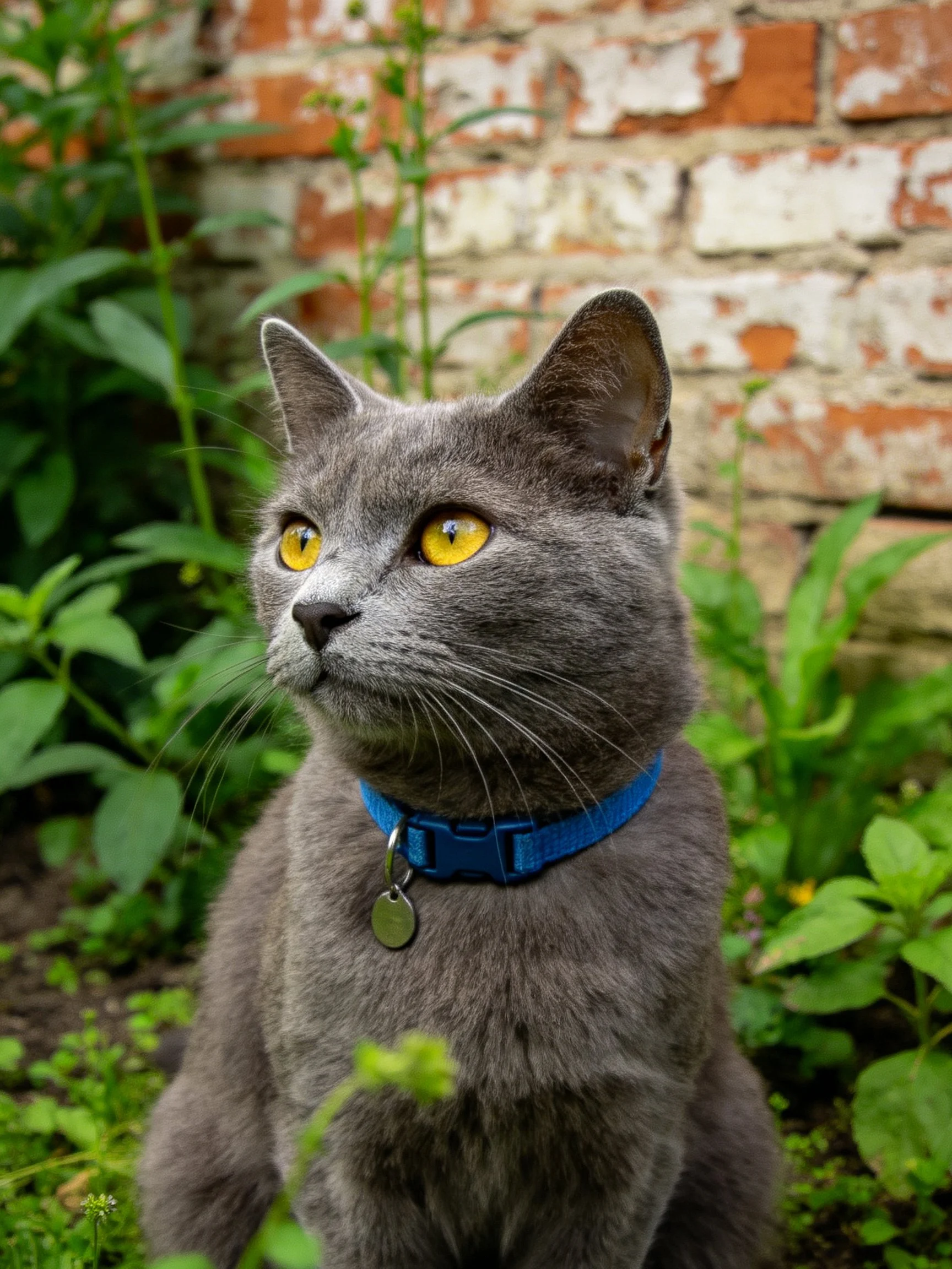 A gray cat with yellow eyes sits near a weathered brick wall among greenery.
