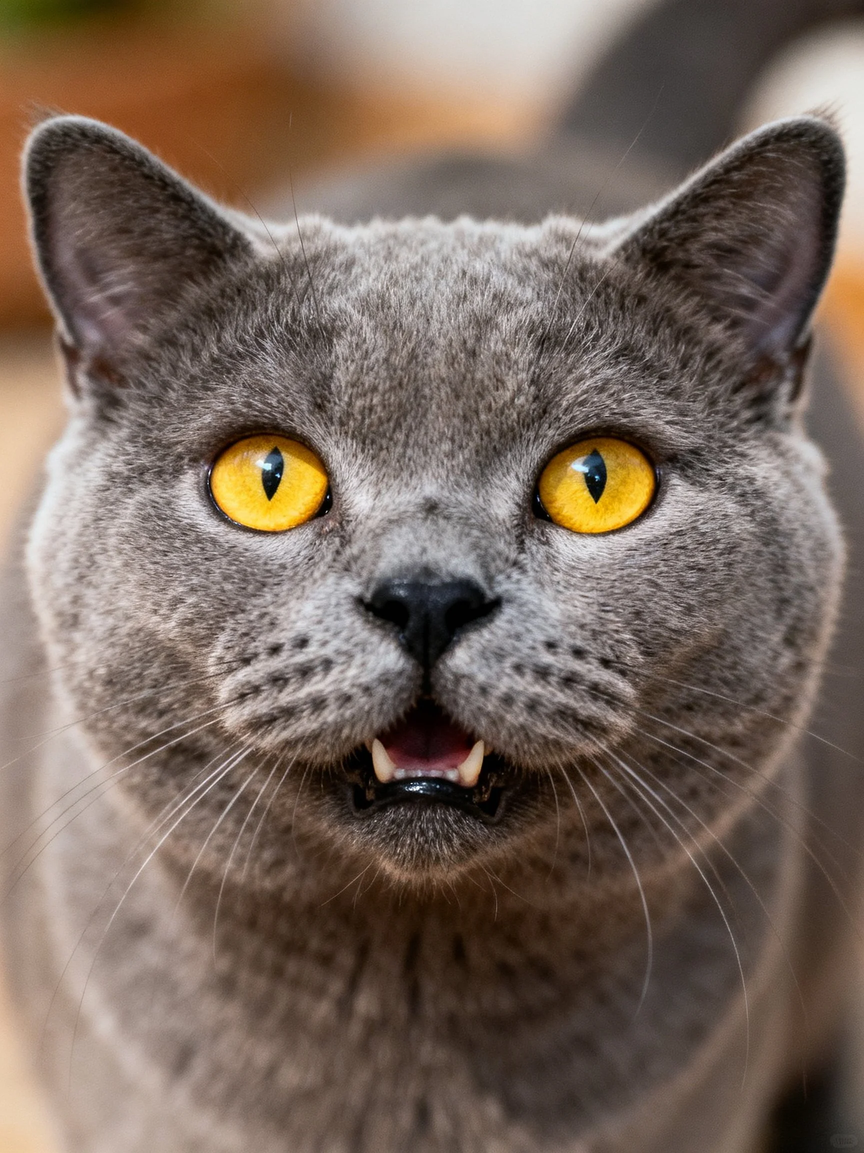 A gray cat with bright yellow eyes displays an open - mouthed expression in a close - up photograph.