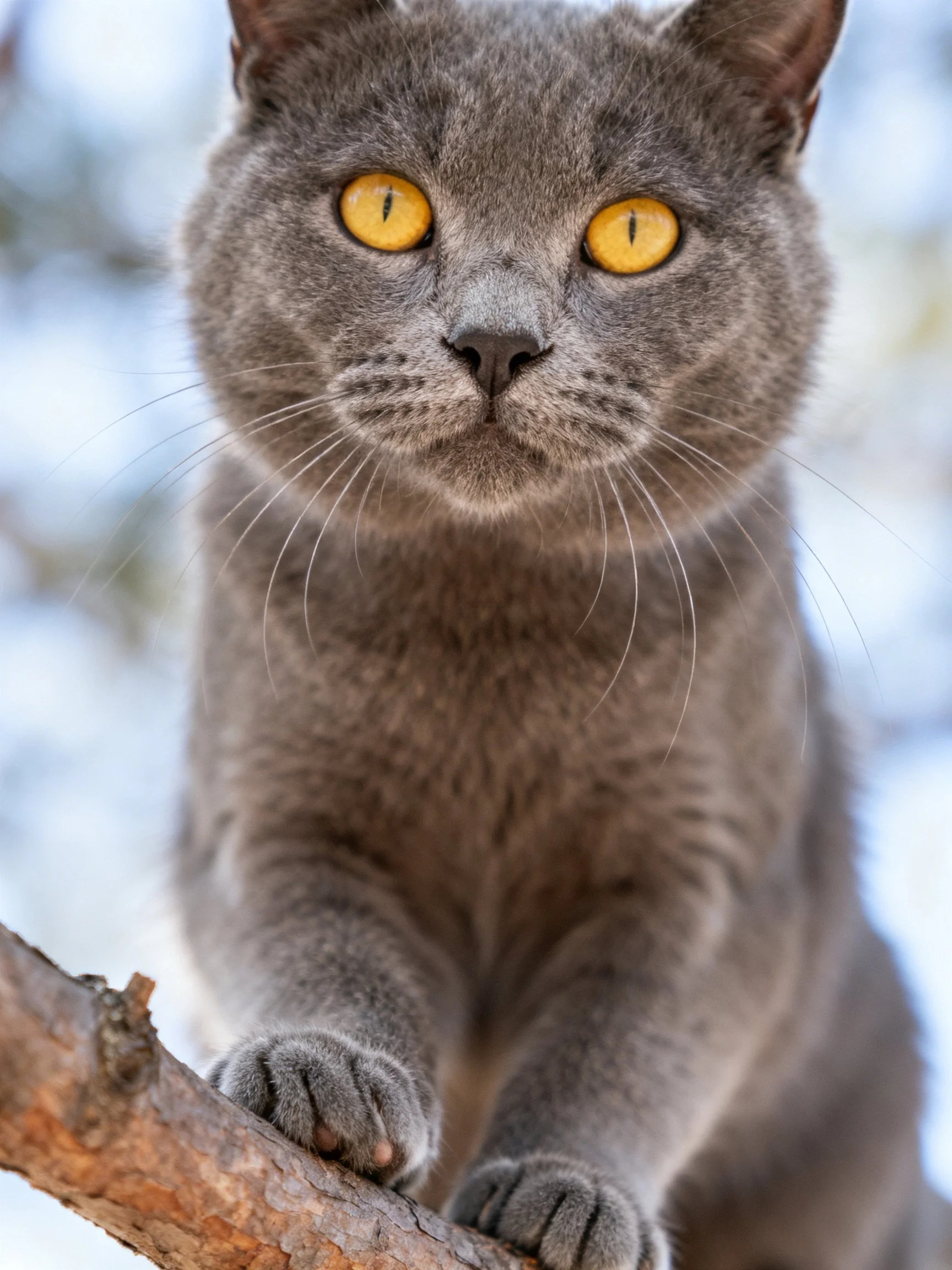 A gray cat with bright yellow eyes rests on a tree branch outdoors.