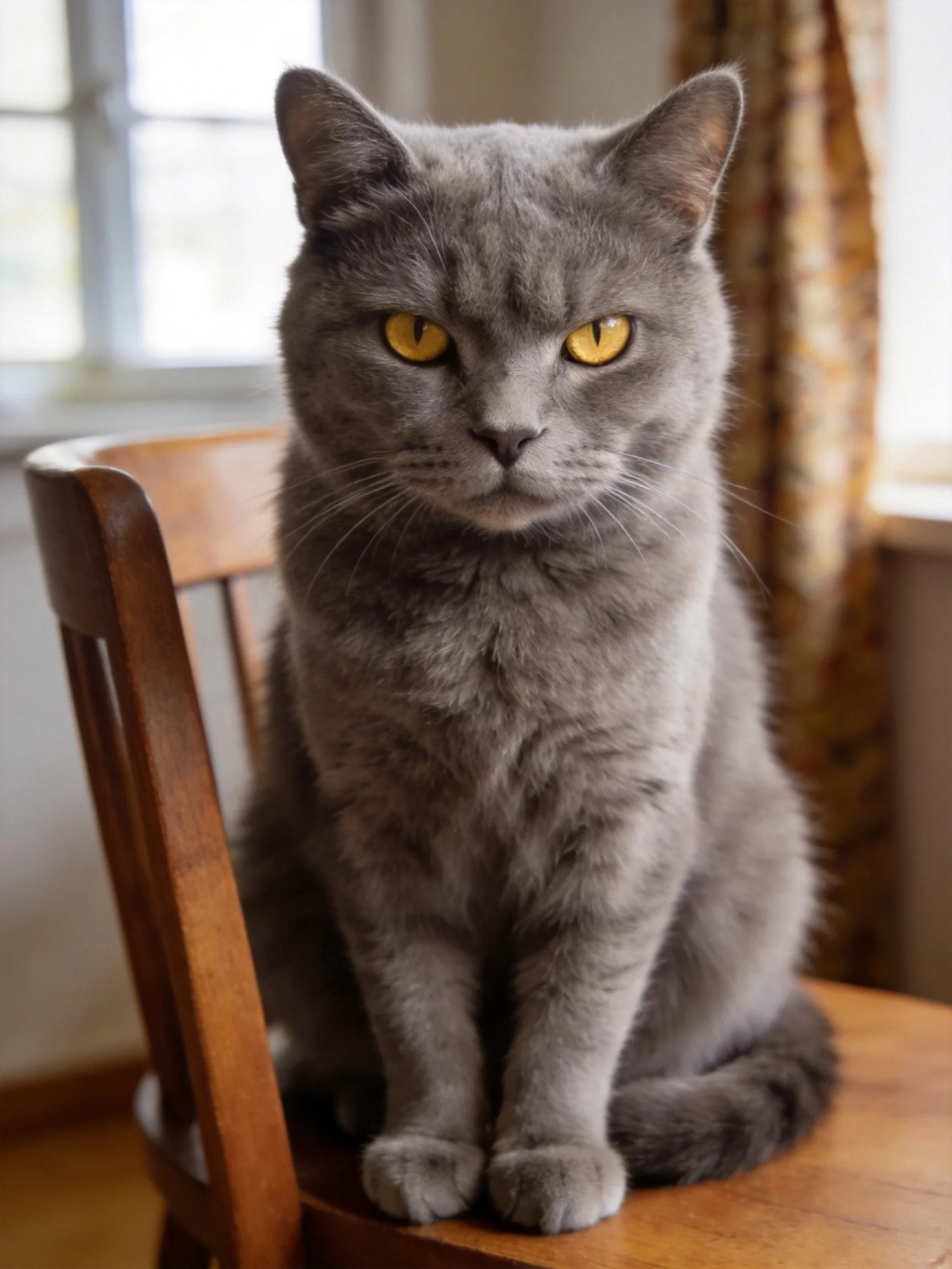 A gray cat with yellow eyes sits calmly on a wooden chair indoors