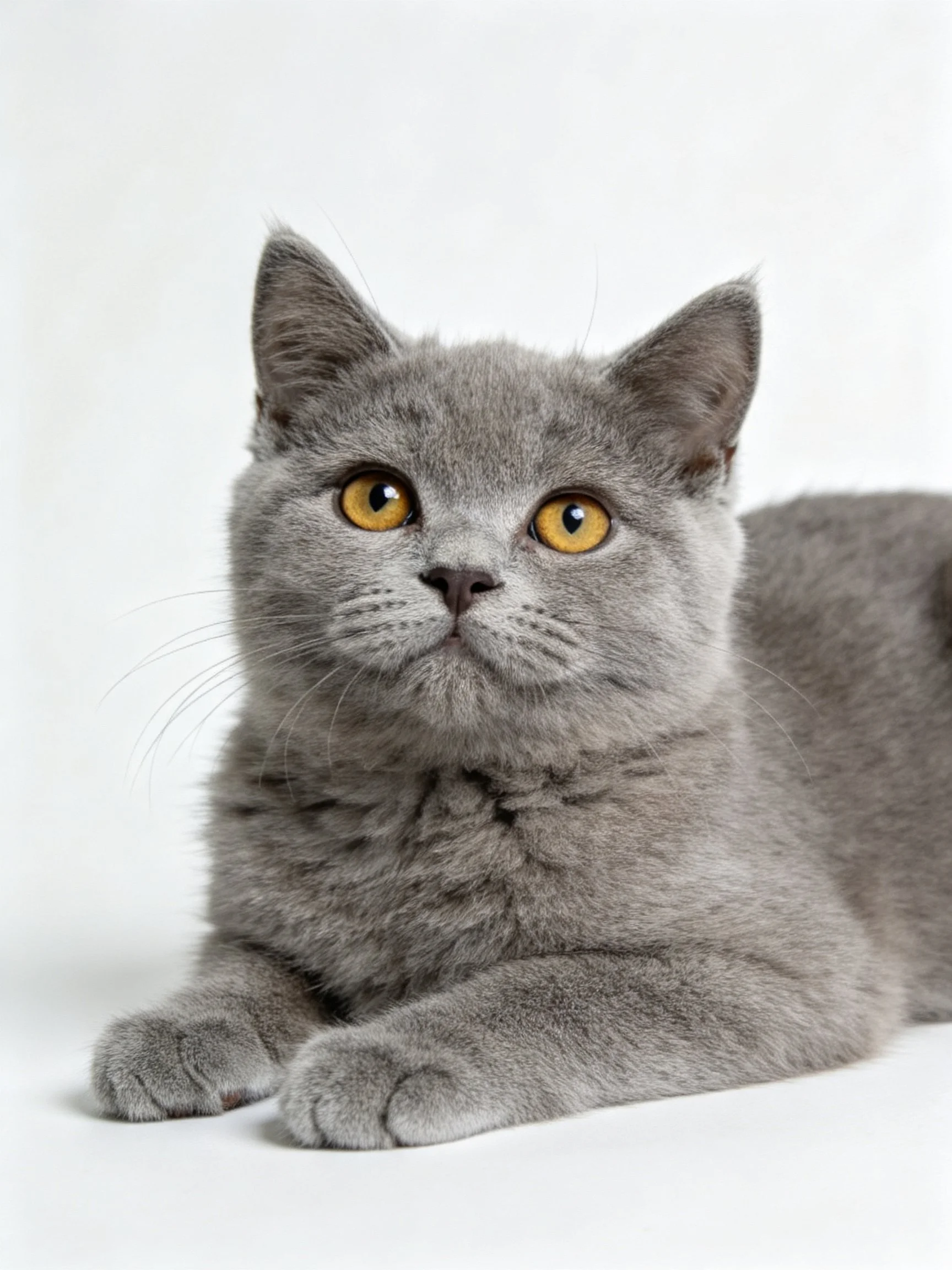 A gray cat with yellow eyes lies calmly on a plain white surface.