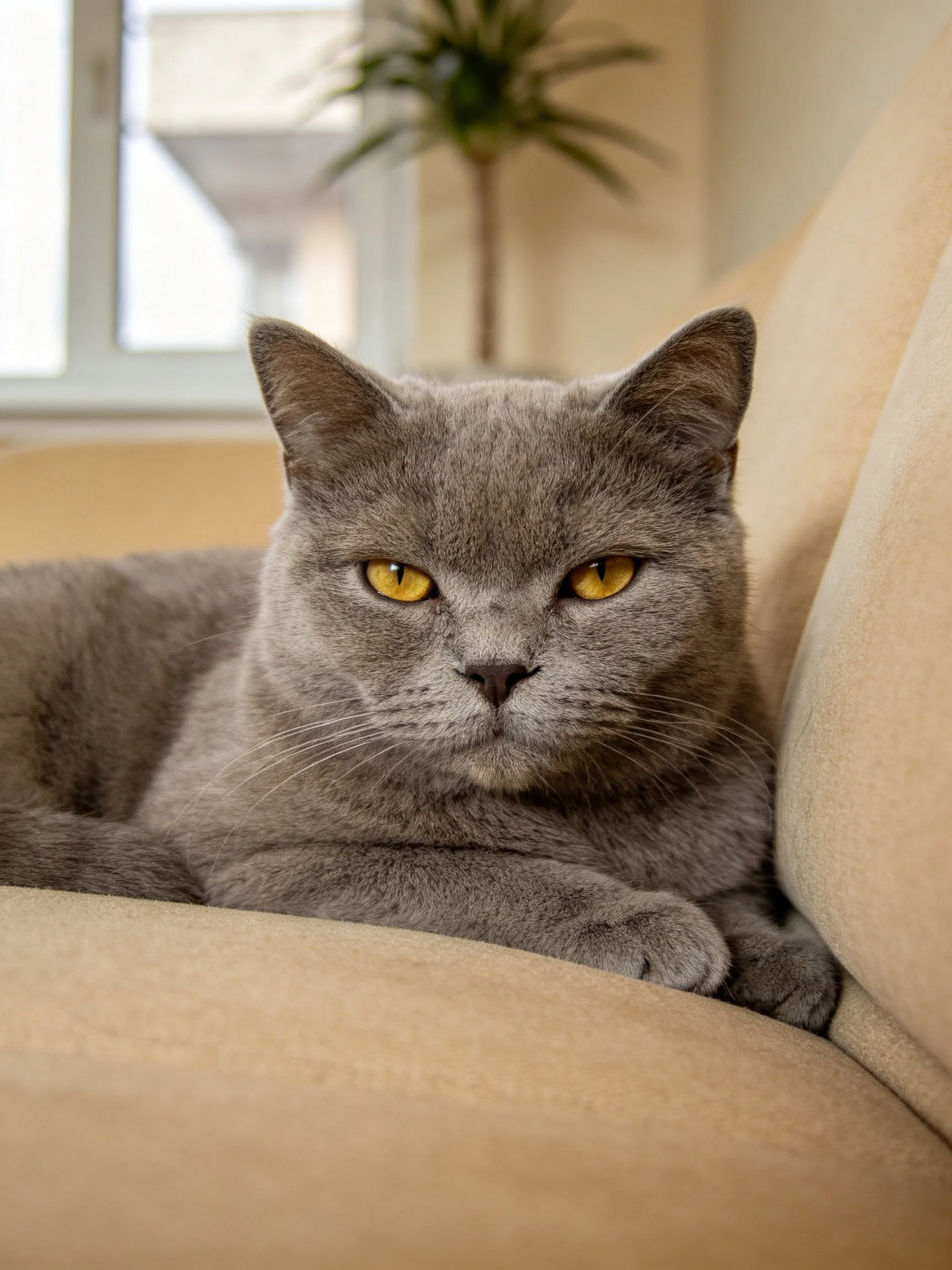 A gray cat with vivid yellow eyes relaxes on a beige sofa inside a home.