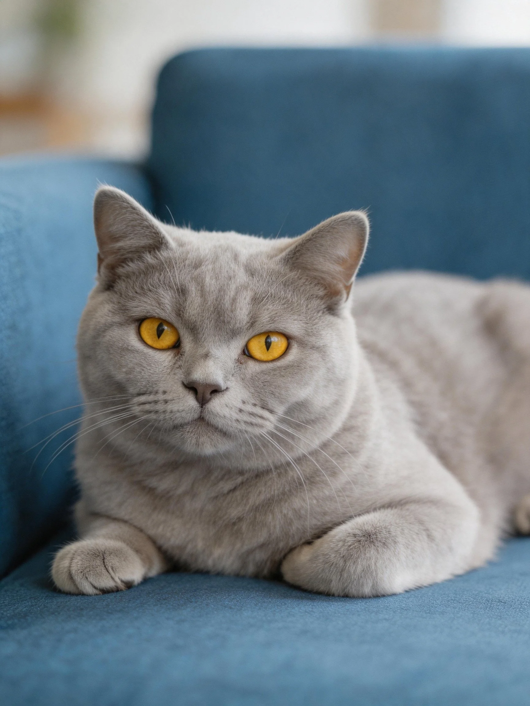 A gray cat with bright yellow eyes rests calmly on a blue sofa.