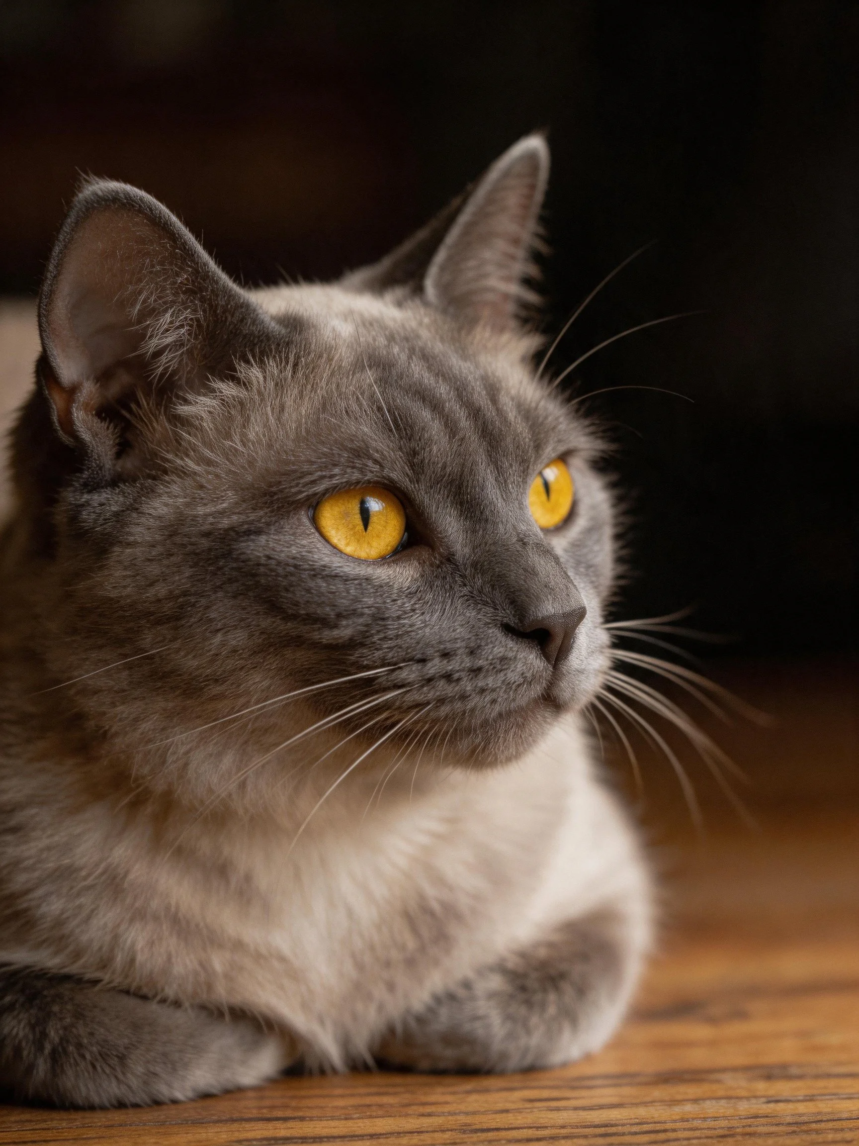 A gray cat with bright yellow eyes sits on a wooden surface.