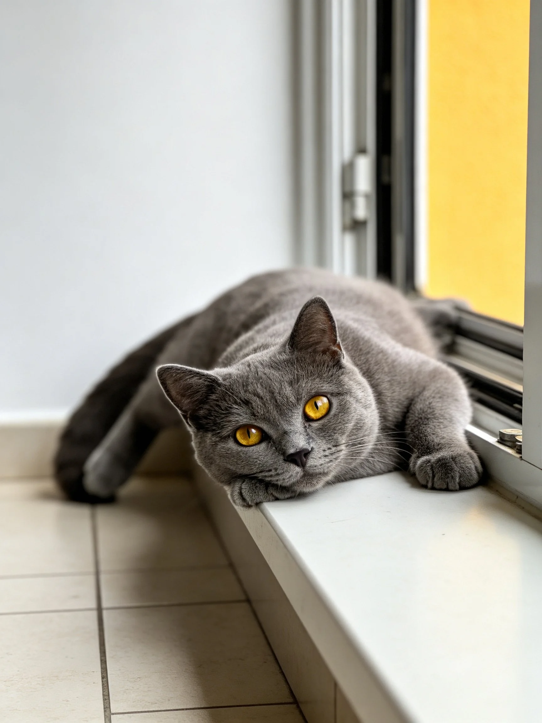 A gray cat with bright yellow eyes relaxes near an open window.