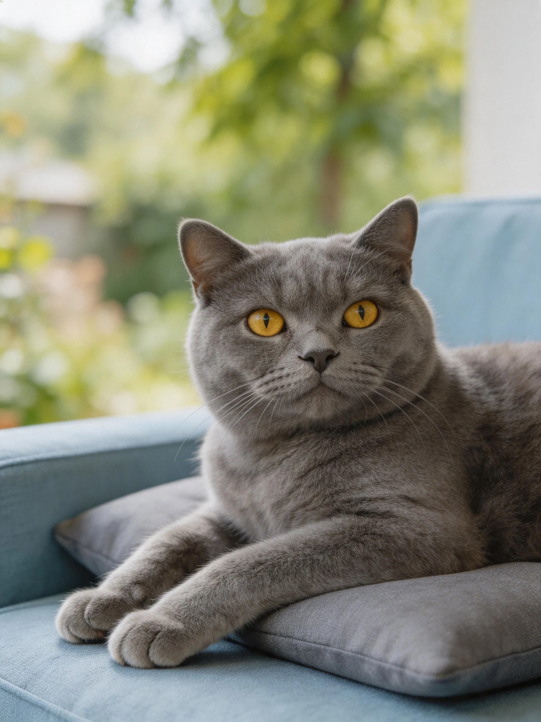 A gray cat with yellow eyes relaxes on a blue chair amid green surroundings.