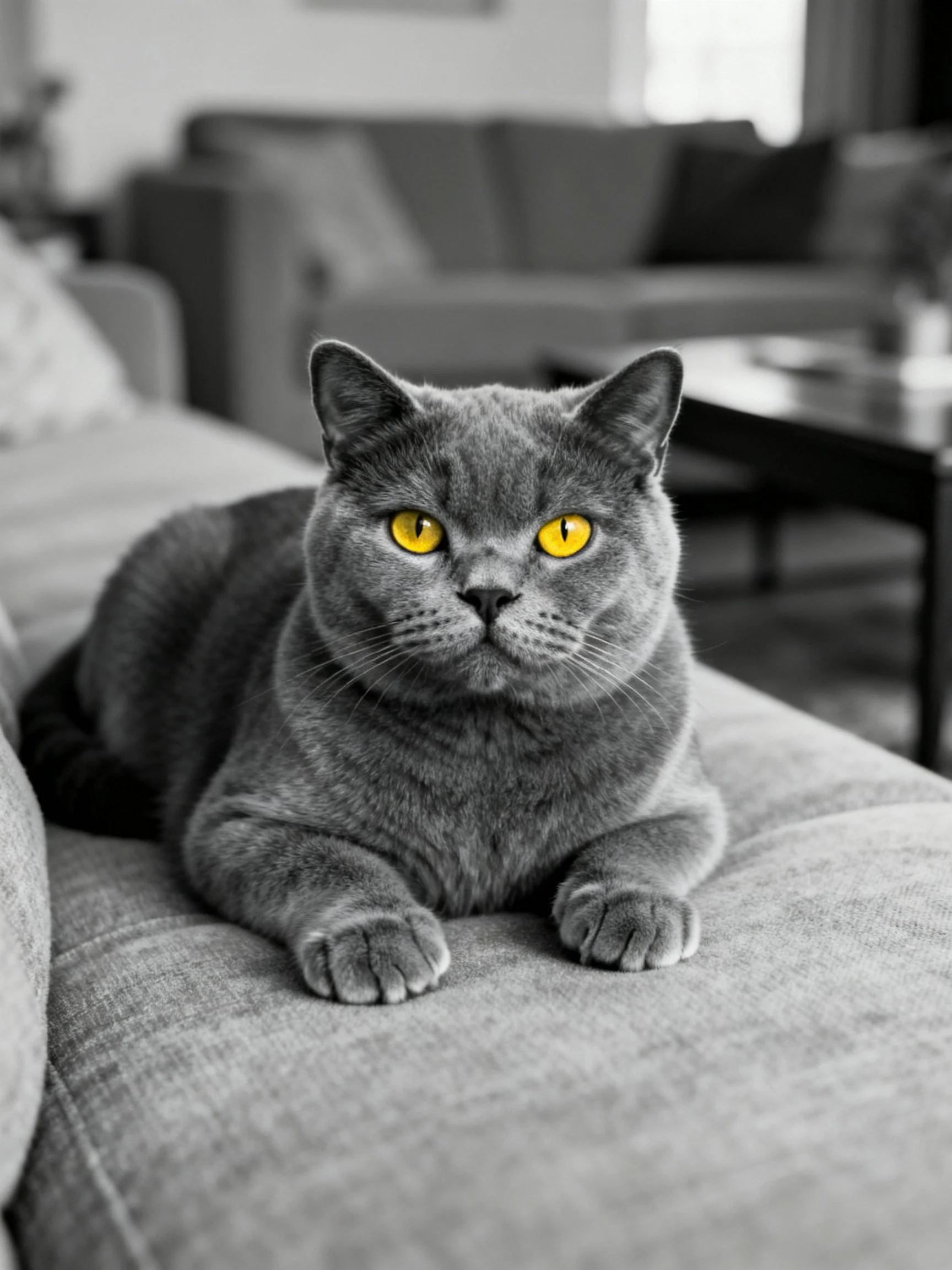 A gray cat with bright yellow eyes relaxes on a sofa in a black-and-white living room.