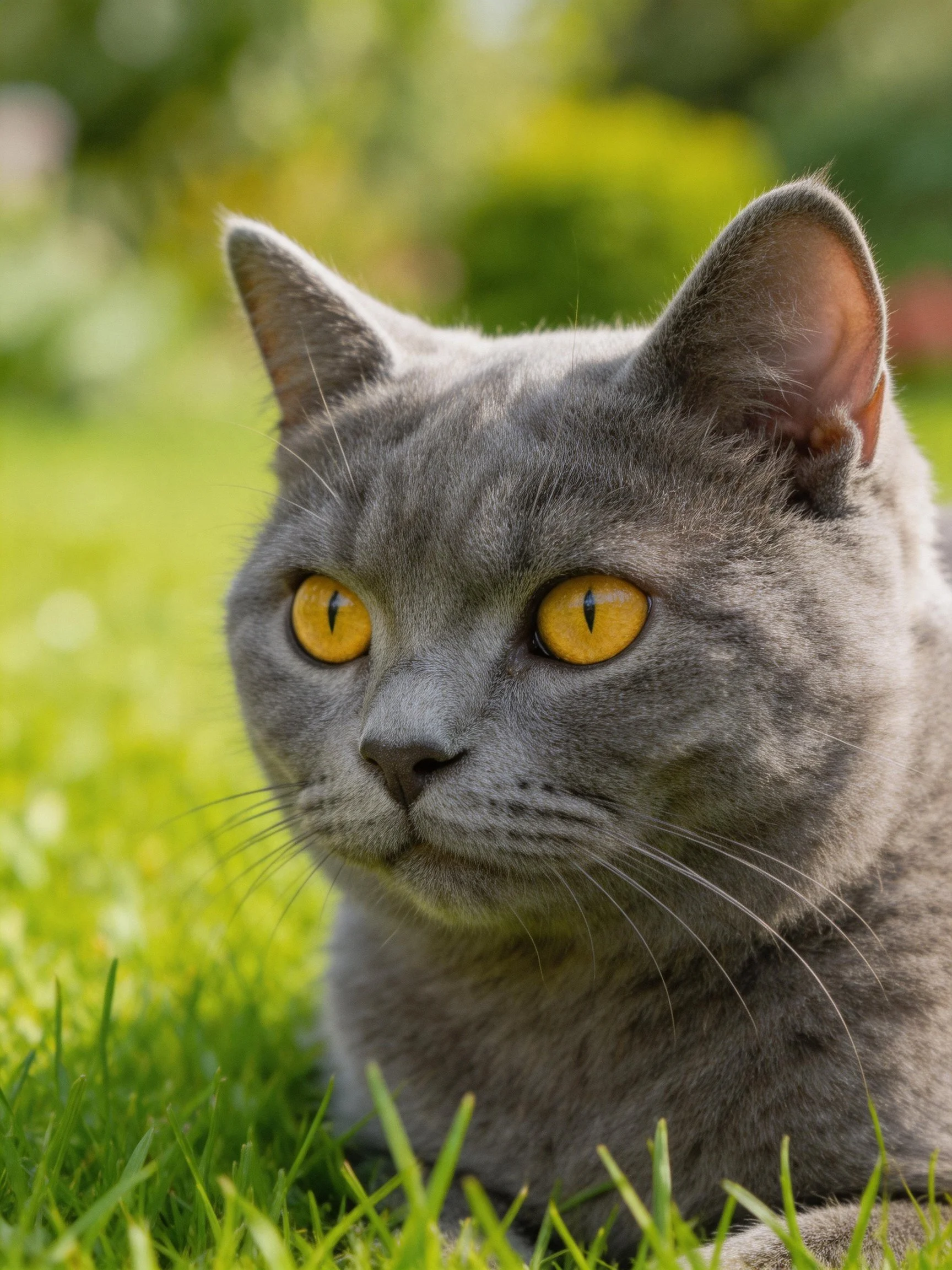 A gray cat with bright yellow eyes relaxes on green grass outdoors.